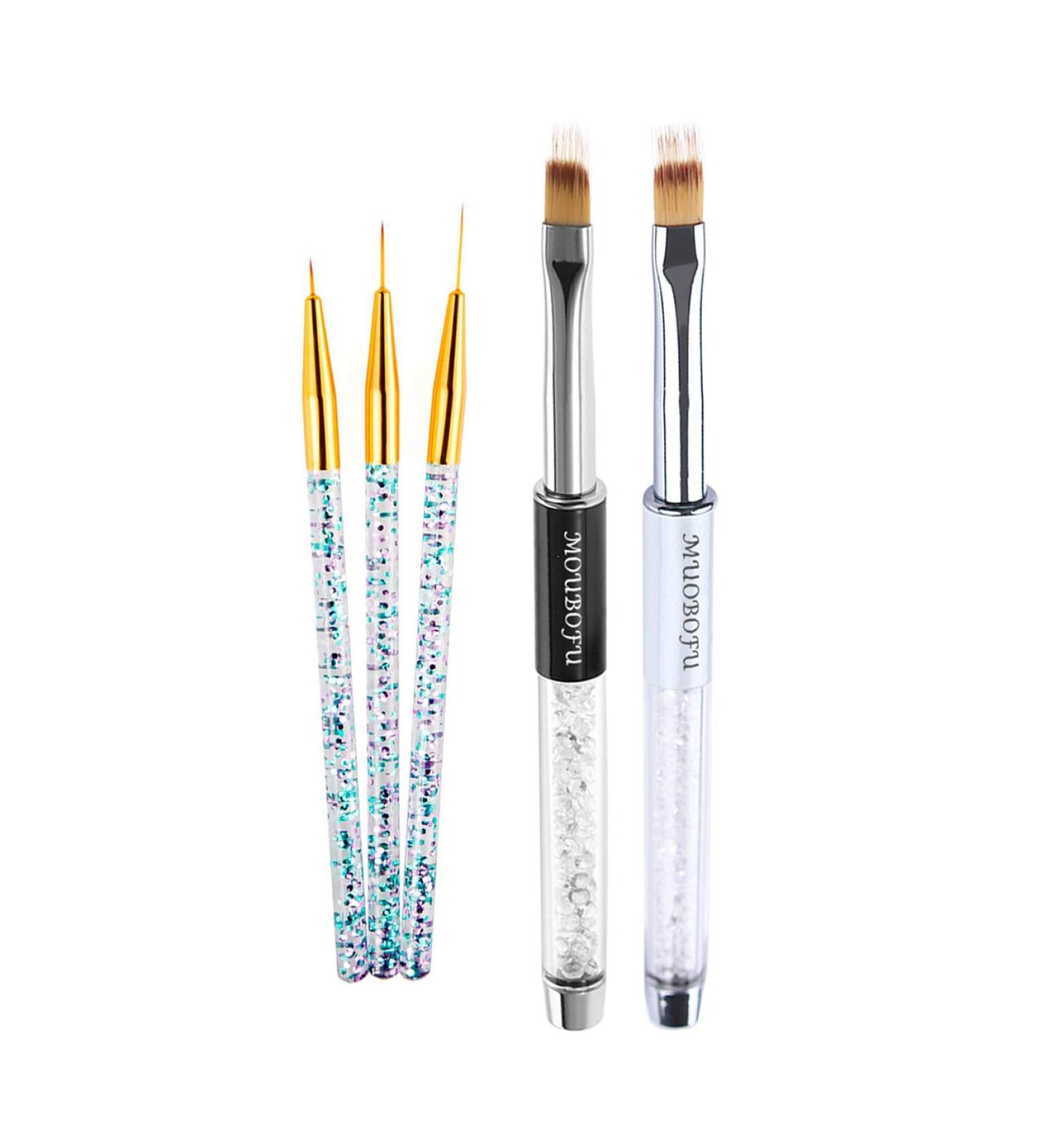 MUOBOFU 2pcs Ombre Nail Brushes with Rhinestone Handle + 3pcs Acrylic Nail Art Liner Pens - Professional Gradient Manicure Tools for DIY Home Salon Halloween Gold - Buy Online on GoSupps.com