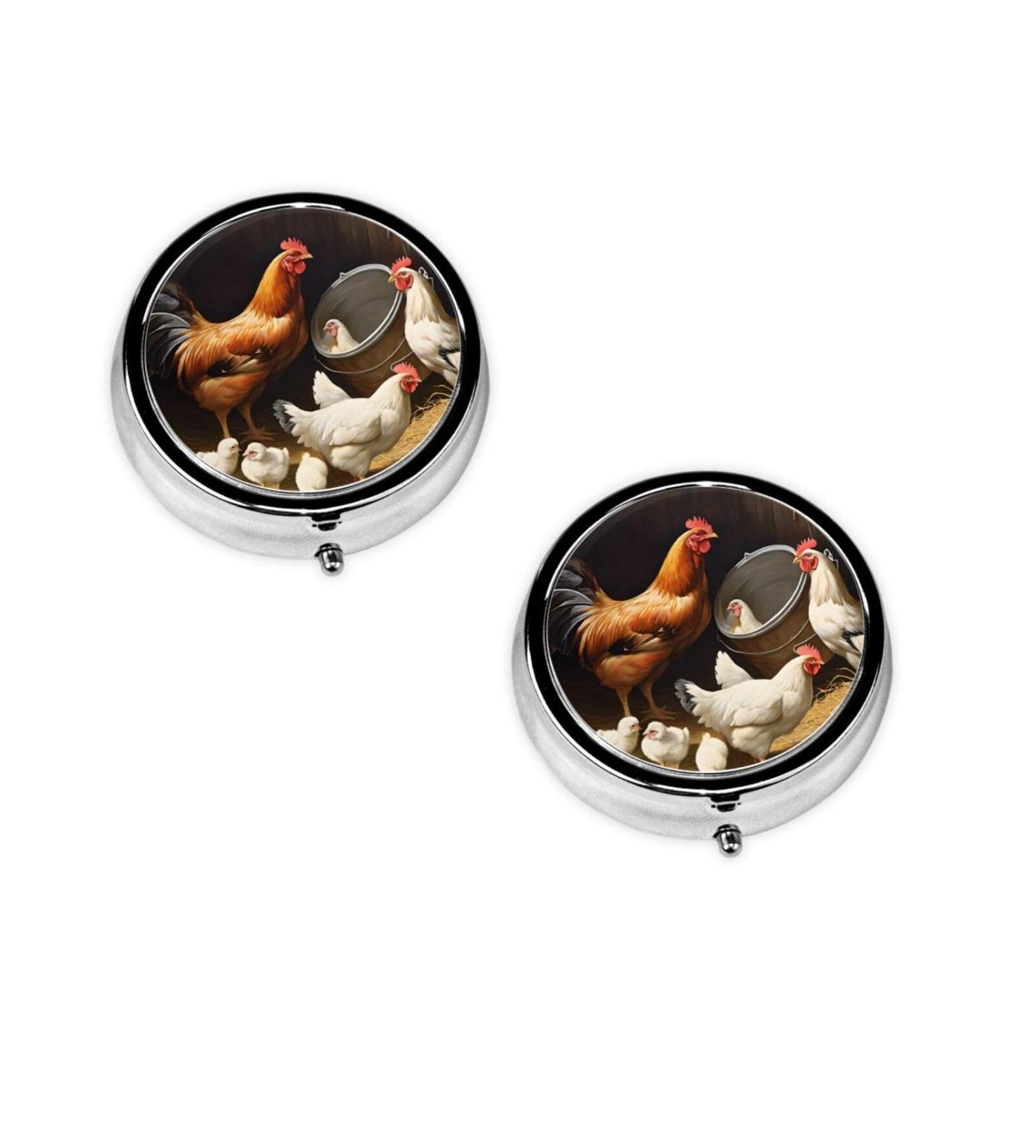 Farm Chickens Printed Mini Round Pill Box | 3 Compartment Portable Pill Organizer for Travel Home & Office - Buy Online on GoSupps.com