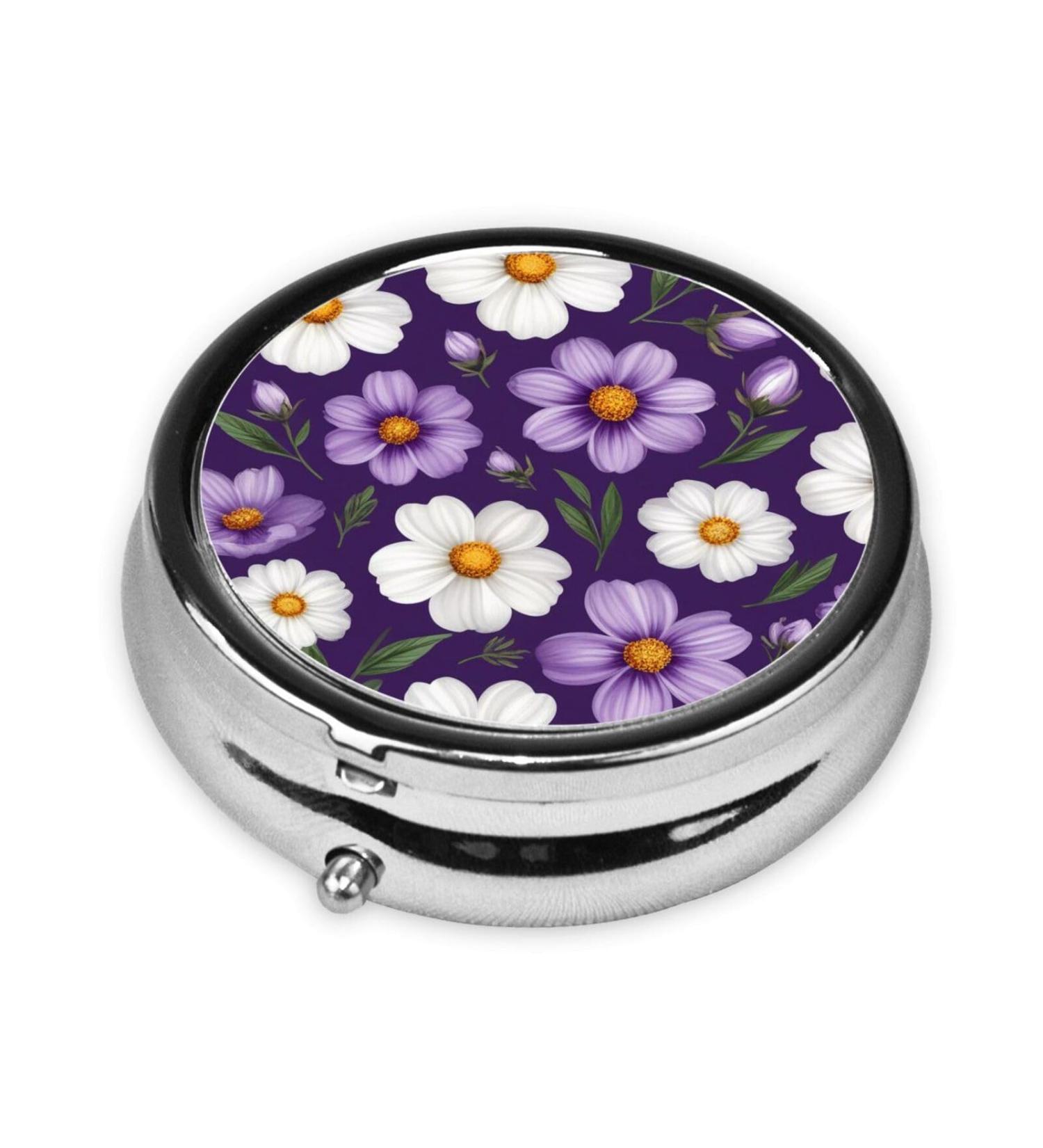 Buy Purple White Floral Printed Pill Organizer - Round Travel Mini Medicine Box for Purse - Iron Plating One Size - Buy Online on GoSupps.com