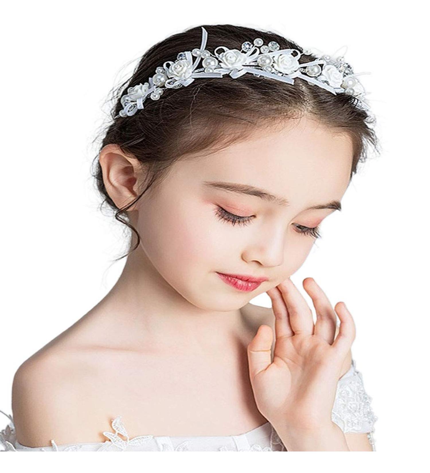 Iyou Princess White Flower Hair Dress - Pearl & Crystal Headdress for Communion & Wedding Flower Girls - Buy Online on GoSupps.com
