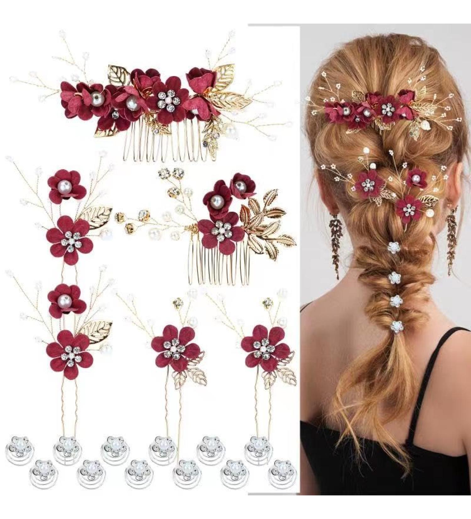 Cinaci 18 Pieces Bridal Wedding Party Prom Pearl Rhinestone Burgundy Flower Hair Side Combs Slides+U-shaped Flower Hair Pins+Twist Spiral Hairpins Floral Headpieces for Brides Bridesmaids Women Girls - Buy Online on GoSupps.com