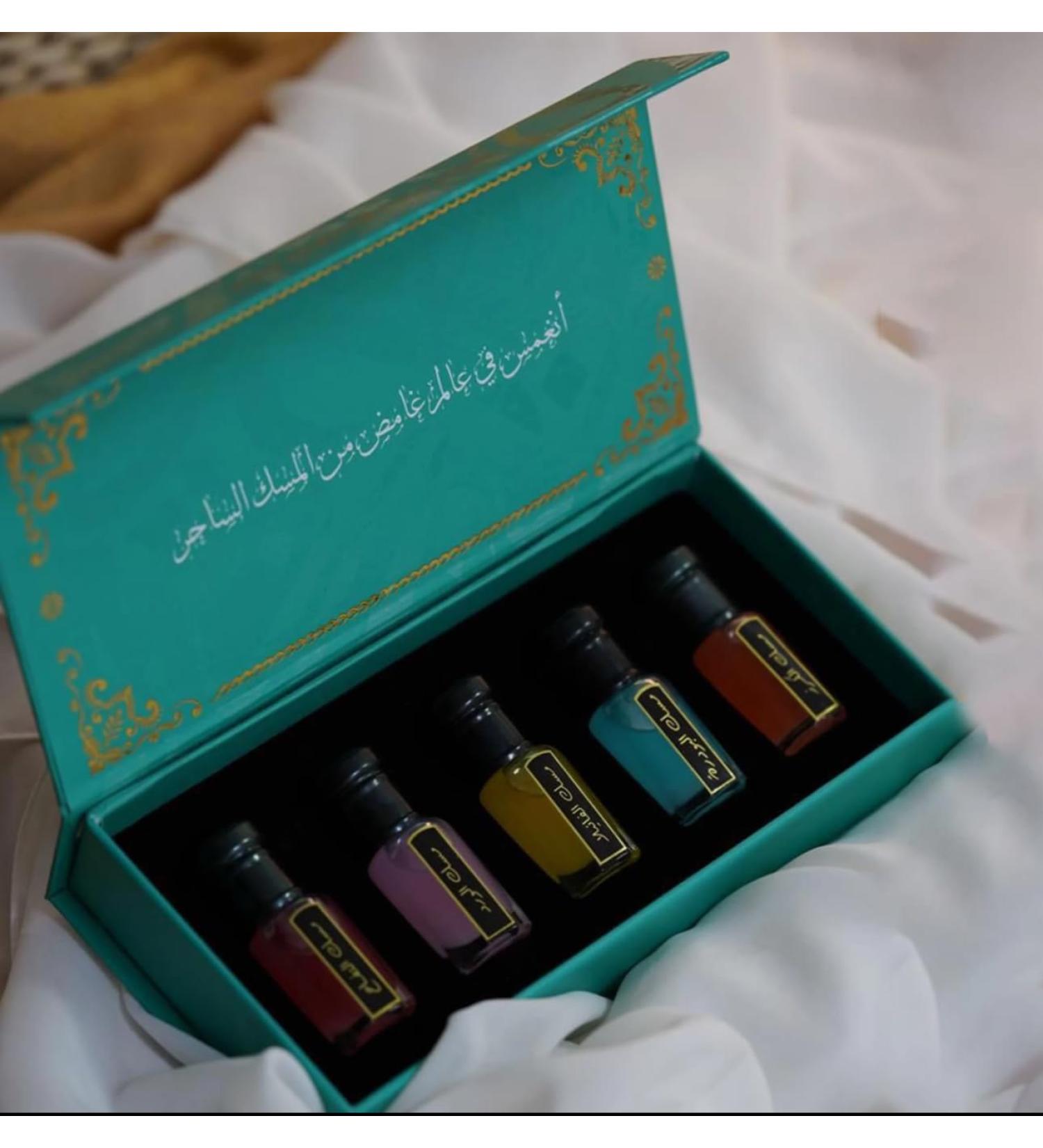 Luxury Arabic Perfume Gift Set 5 Premium Fragrances Turquoise Presentation Box Oud musk white musk powder musk passion fruit musk pomegranate musk - Buy Online on GoSupps.com