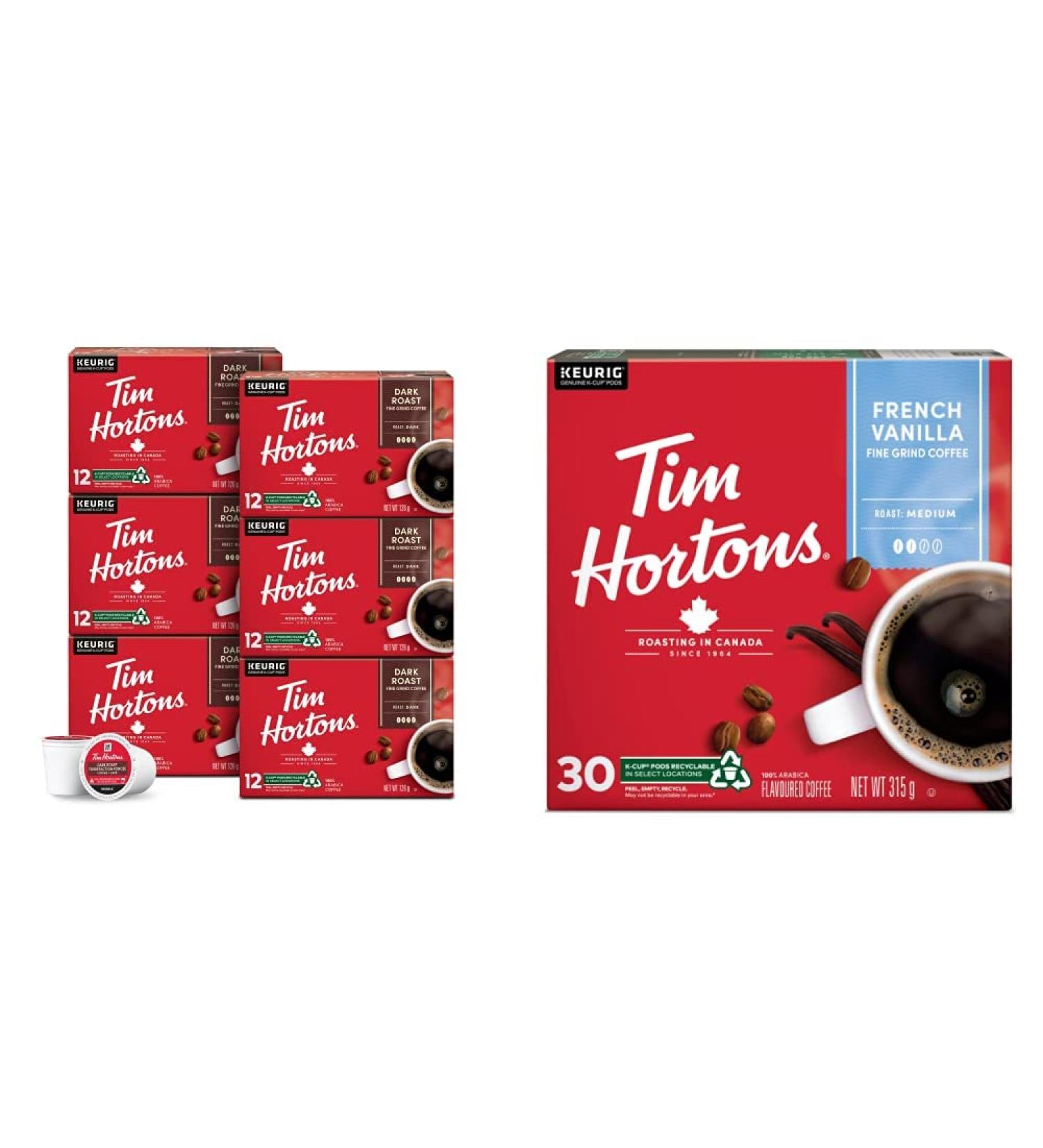 Tim Hortons Dark Roast Coffee Single Serve Keurig K-Cup Pods 72 Count & French Vanilla Coffee Keurig K-Cup Pods Flavoured Medium Roast 30 Count (Imported from Canada) Coffee + Coffee 30 Count Dark 72 Count (Pack of 1) - Buy Online on GoSupps.com
