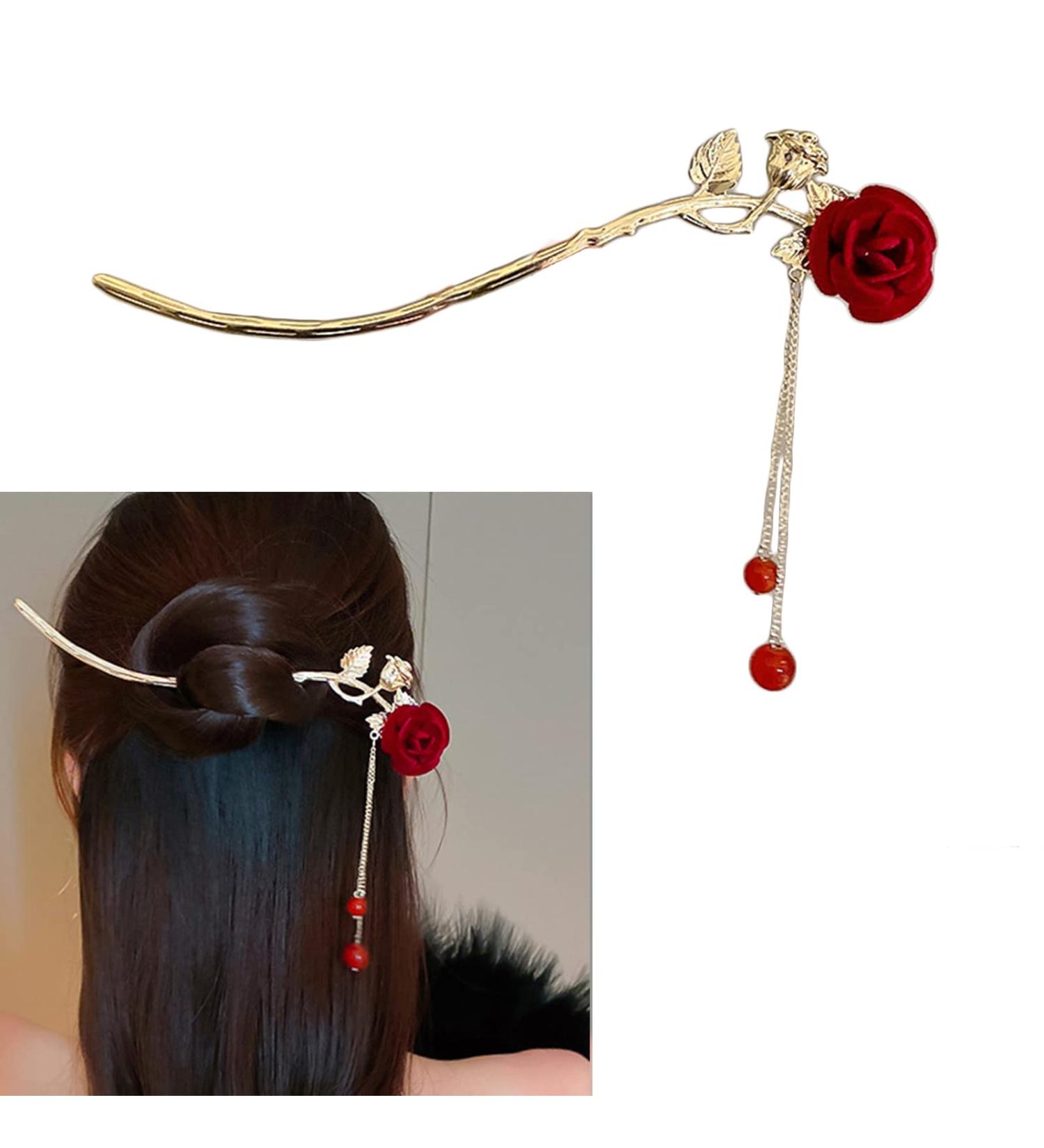 Chinese Style Rose Flower Hair Clip with Metal Leaves and Pearl Tassel - Red - Buy Online on GoSupps.com