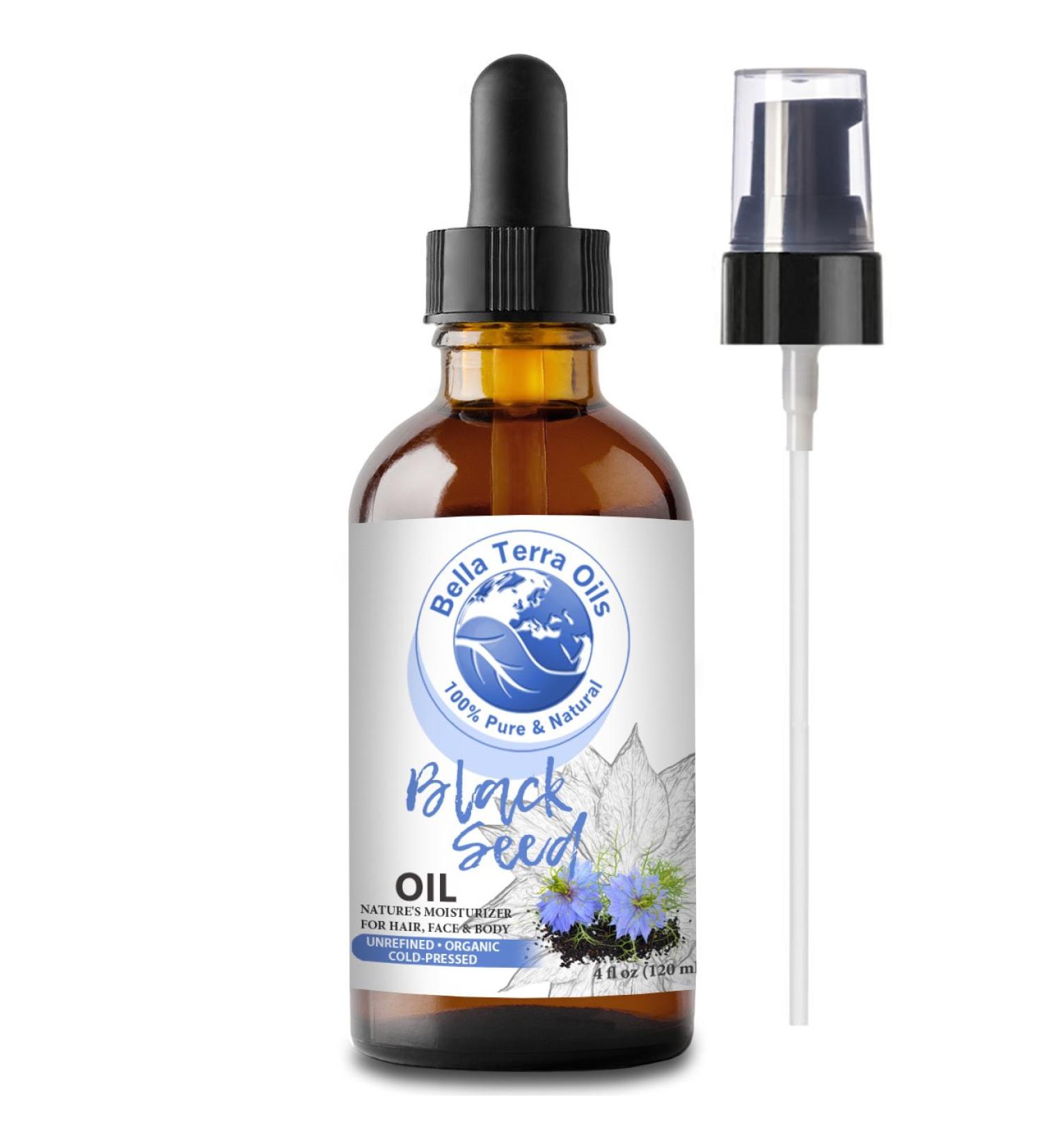 Organic Black Seed Oil 4oz - Cold-Pressed, Unrefined, Chemical-Free - Natural Moisturizer for Hair & Skin - Bella Terra Oils - Buy Online on GoSupps.com