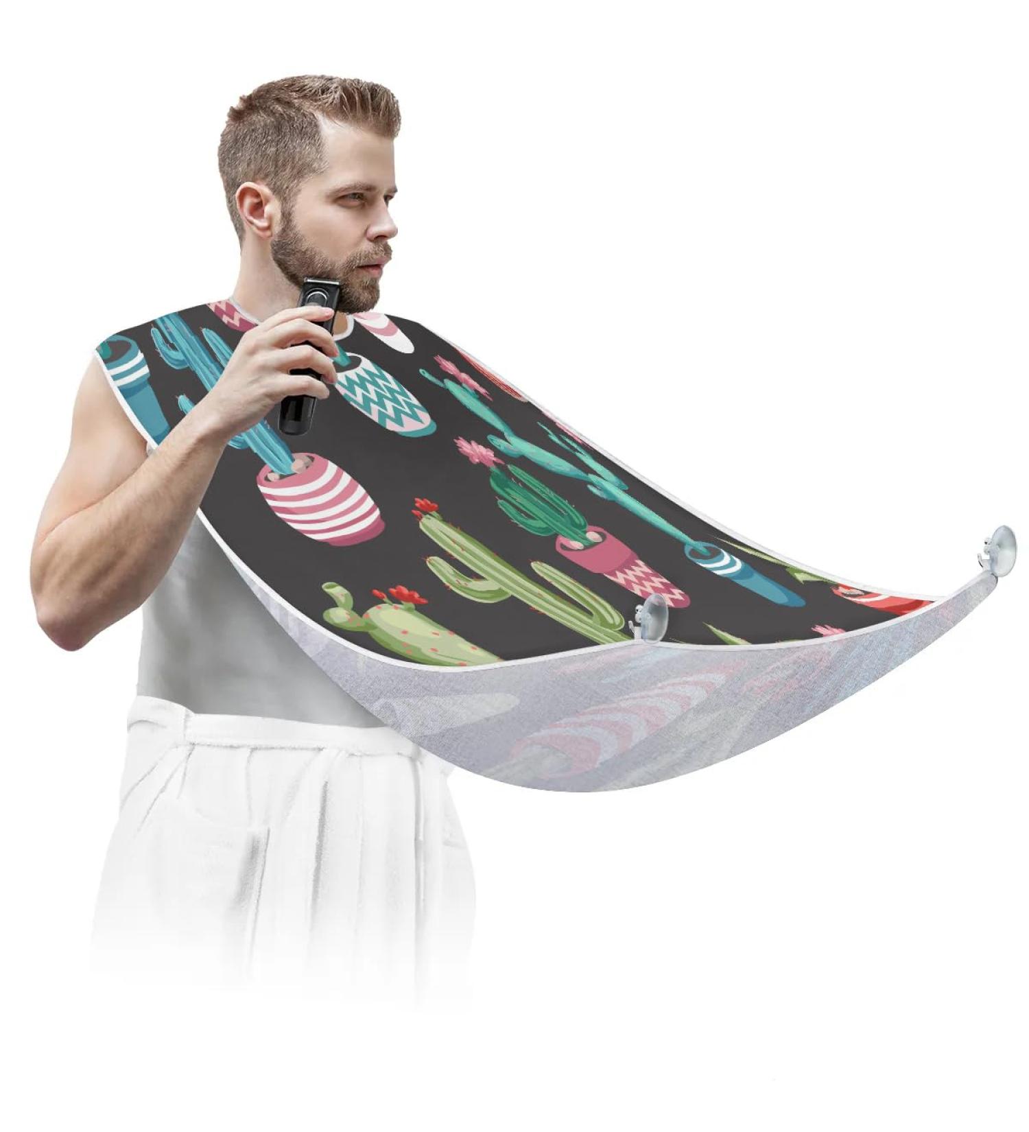 Beard Bib Apron for Men | Non-Stick Waterproof Hair Catcher | Grooming Cape with Watercolor Cactus Flower - Buy Online on GoSupps.com