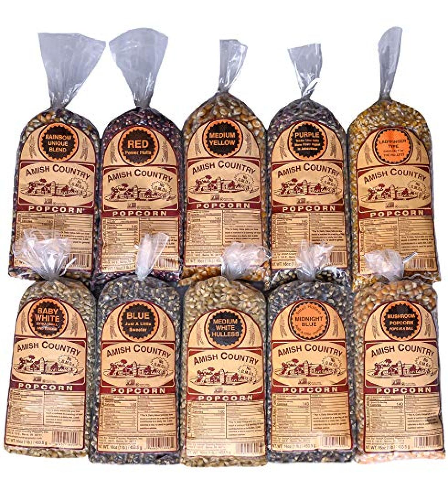 Amish Country Popcorn - 10 Variety Gift Set Bundle (1 lb each) - Red, Blue, White, Purple, Ladyfinger, Rainbow, Yellow, Mushroom - Premium Kernels for Perfect Snacking - Buy Online on GoSupps.com
