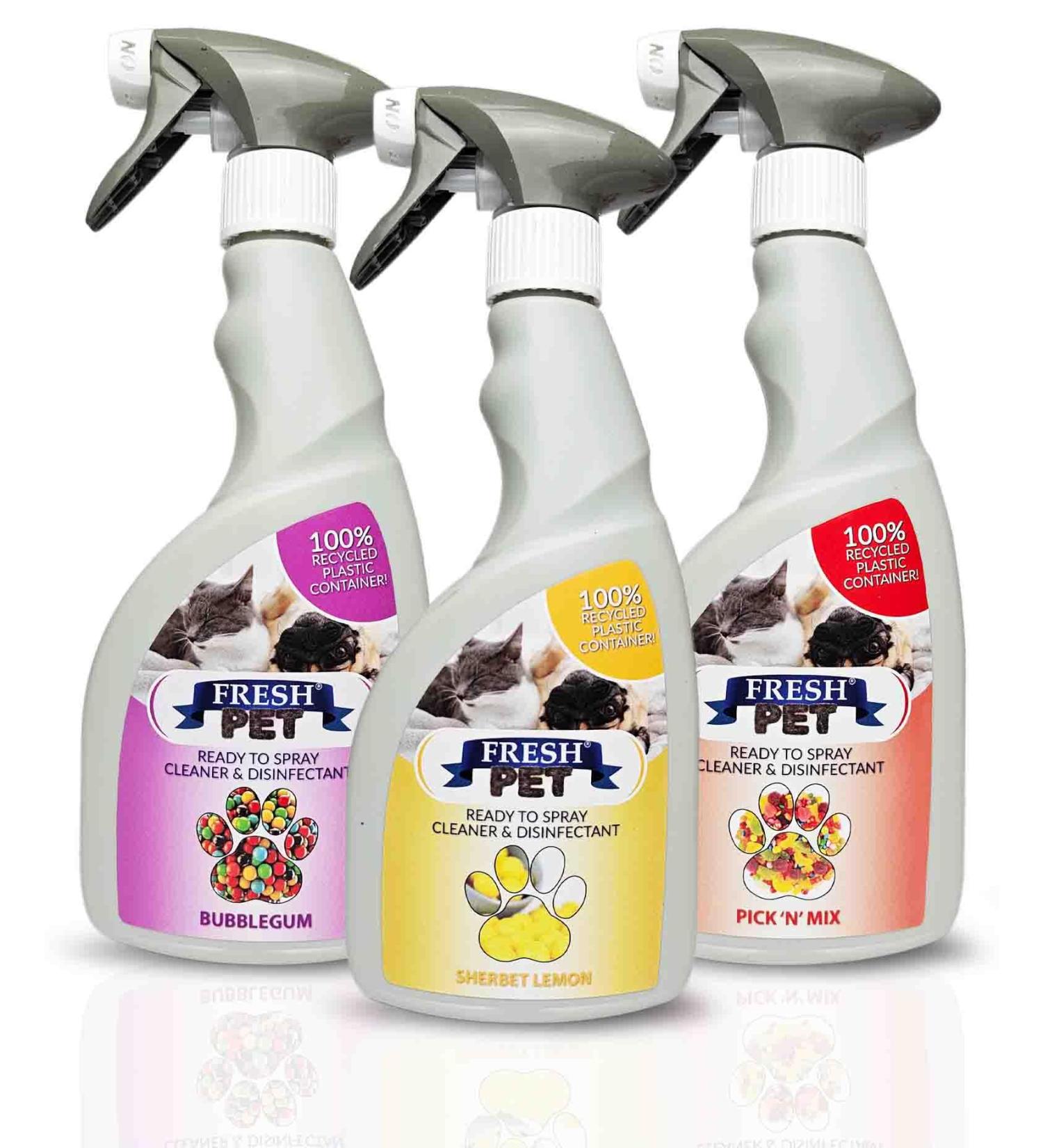 Pet Disinfectant 3x500ml Ready to Spray 100% Recycled Bottle Deodoriser Cleaner Kennels Artificial Grass (Sweet Shop Pack)