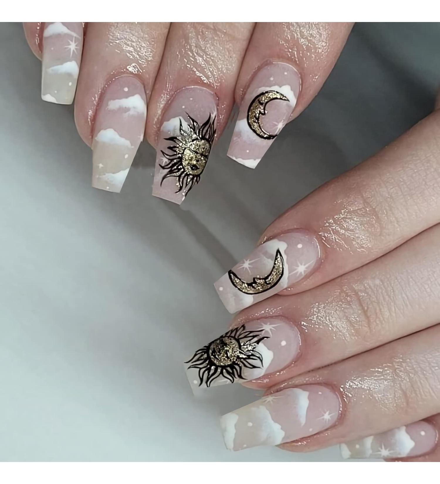 MISUD Extra Long Coffin Press on Nails - 24Pcs Glossy Stars Moon Acrylic False Nails for Women & Girls (StyleH08) - Buy Online on GoSupps.com