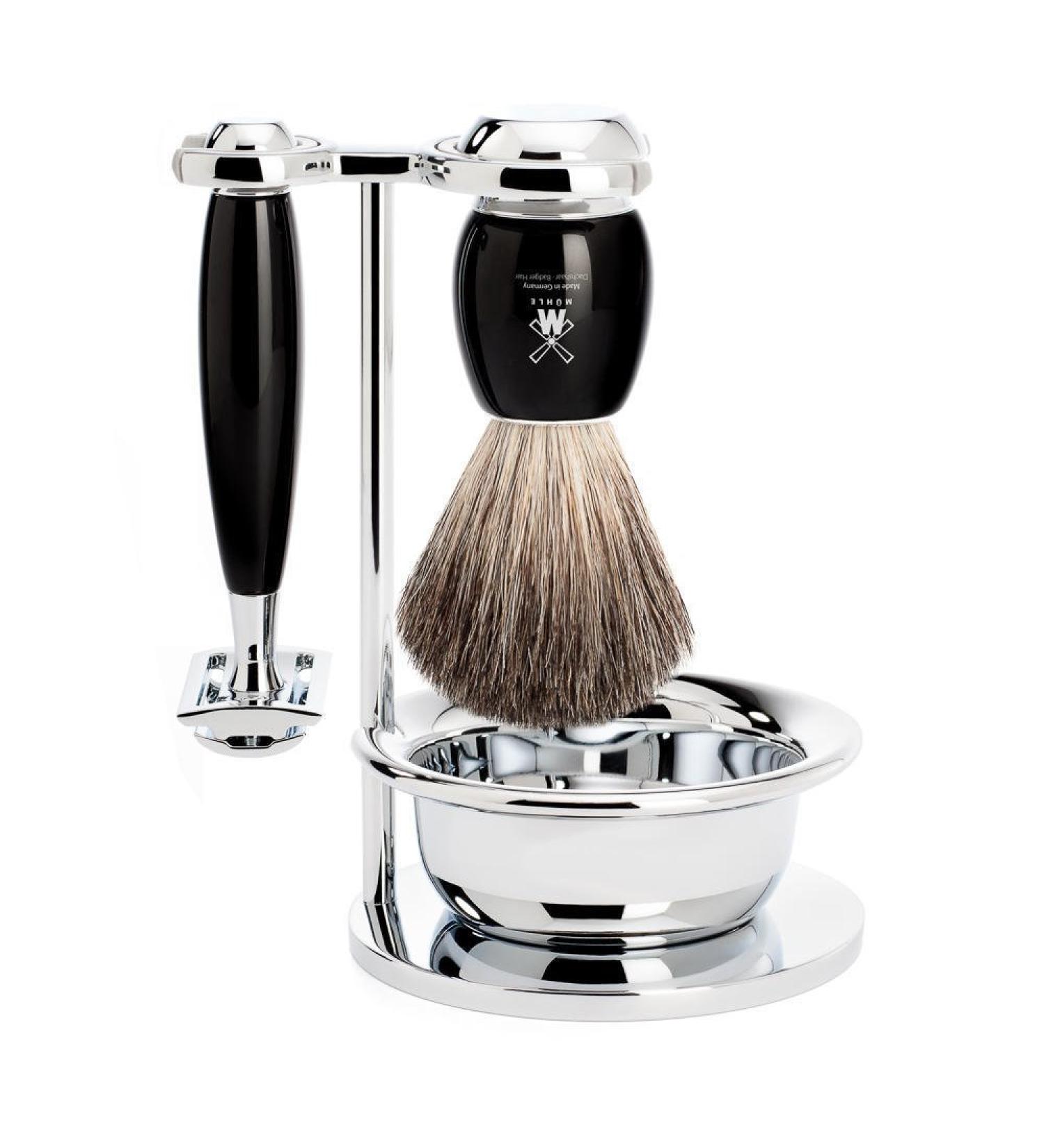 M HLE Vivo Shaving Set Premium Badger Hair Brush Safety Razor Bowl & Stand Black Resin & Metal Accents - Buy Online on GoSupps.com