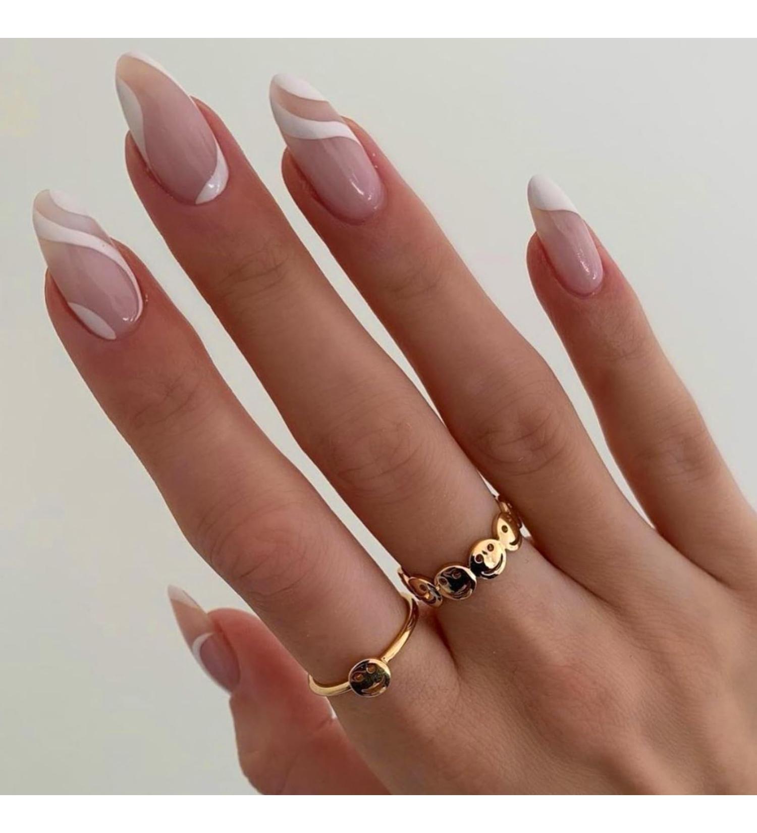 24Pcs Almond French Tips Press on Nails with White Lines Designs - Glossy Short False Nails for Women - DIY Manicure Set - Buy Online on GoSupps.com