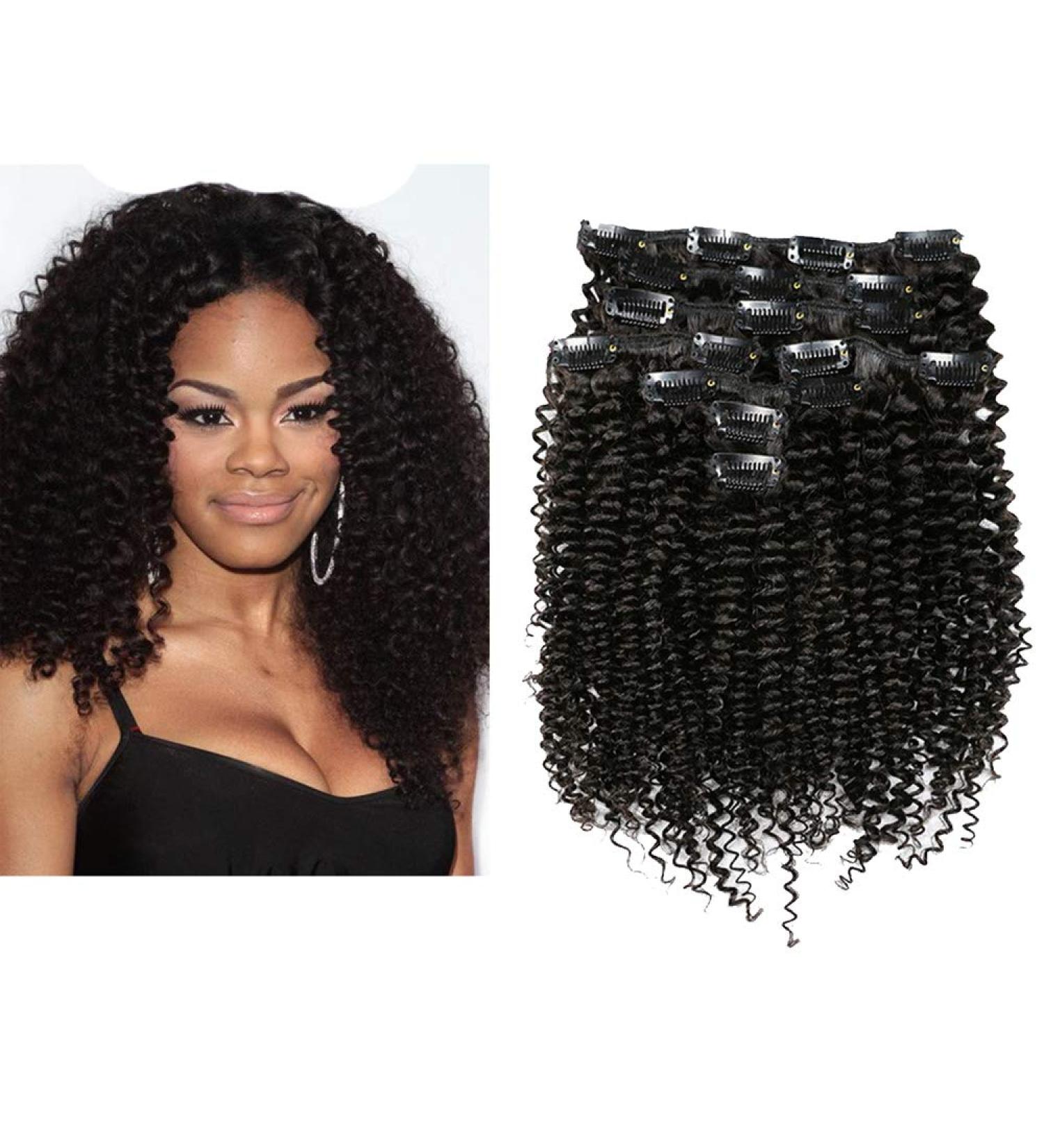 Mila 18 Clip-In Hair Extensions | 100% Brazilian Virgin Kinky Curly Real Hair - Natural Black 1B 7 Tresses 120g - Buy Online on GoSupps.com