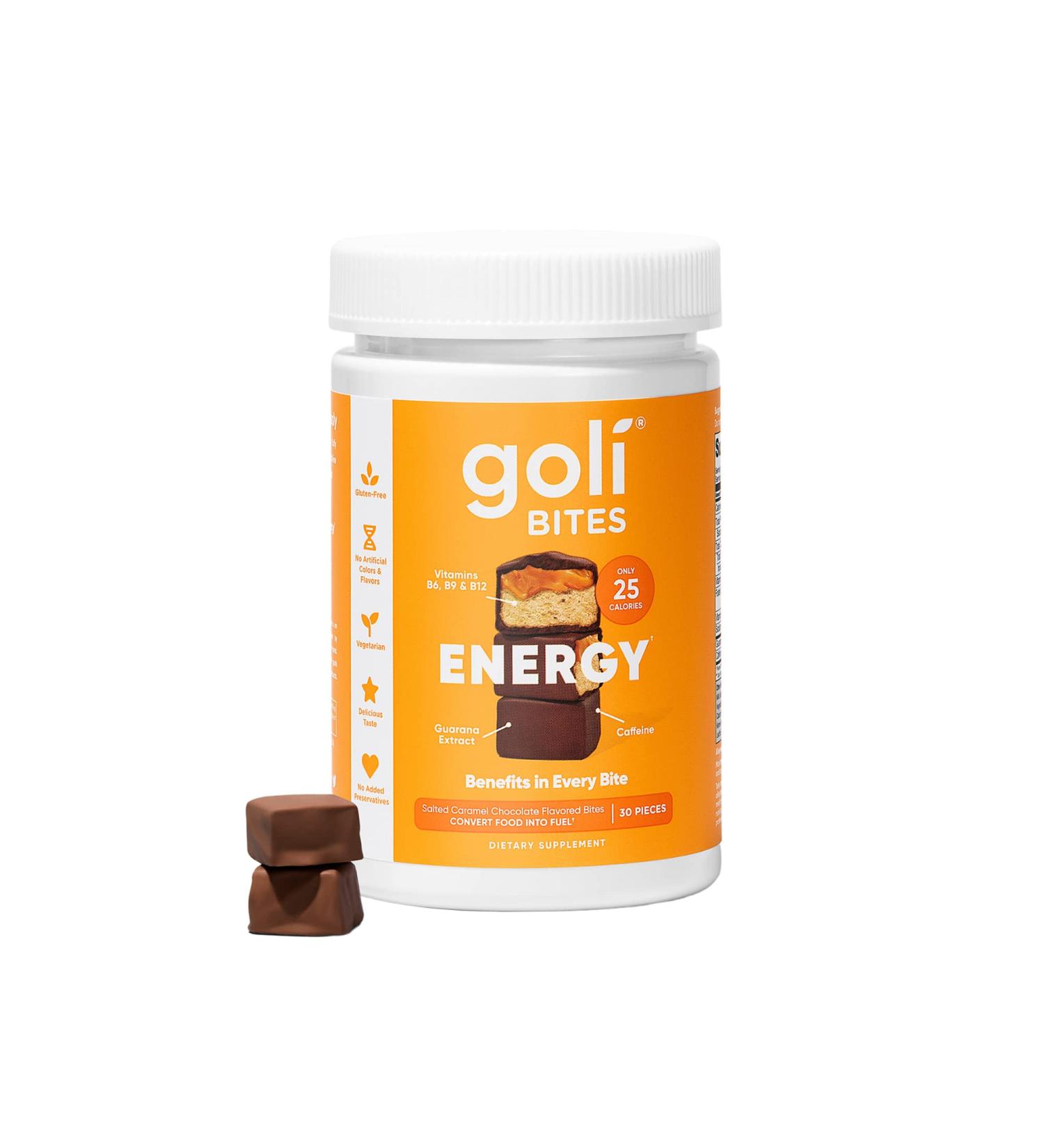 Goli Energy Bites - Salted Caramel Chocolate Flavor with Guarana Extract, Caffeine, and Vitamins B6, B9 & B12 - 30 Count (Pack of 1) - Buy Online on GoSupps.com