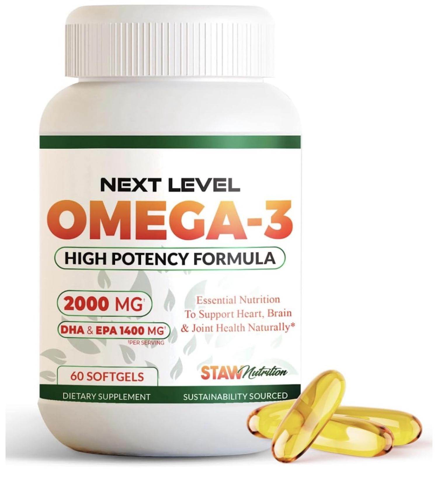 STAW Nutrition Next Level Omega 3 Fish Oil 2000mg High Potency Formula 60 Softgels - Buy Online on GoSupps.com