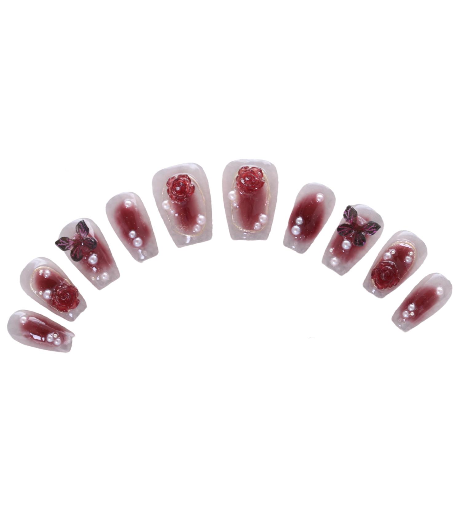 PN-019 Press-On Nails Hand Nails Polished 10 Pieces Reusable Artificial Nails Rose Butterfly Rhinestone Glitter Pink Red - Buy Online on GoSupps.com
