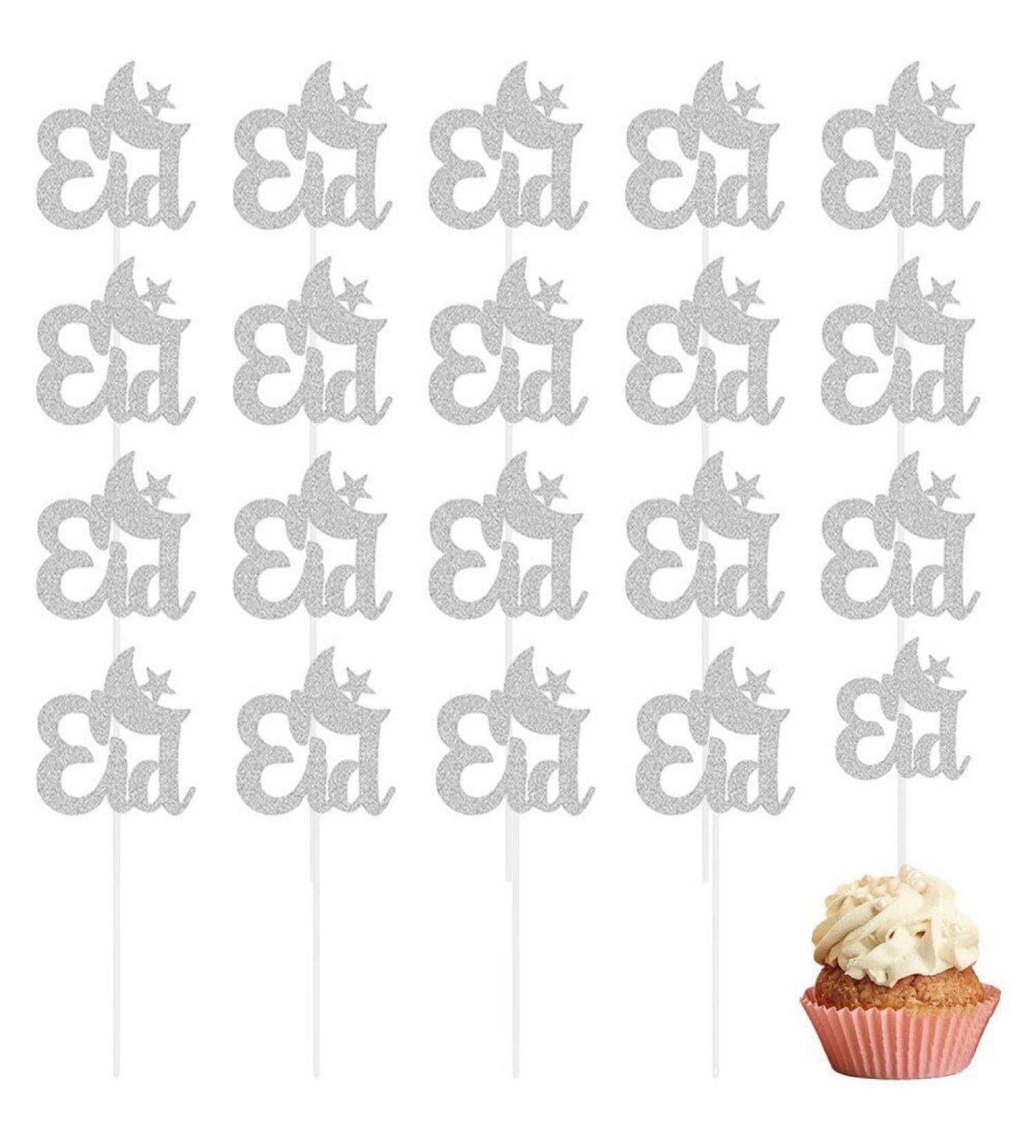 Eid Mubarak Cupcake Toppers 20pcs Glitter Star Moon Eid Cupcake Toppers Eid Mubarak Cake Topper for Eid Party Muffin Cake Decor Silver - Buy Online on GoSupps.com
