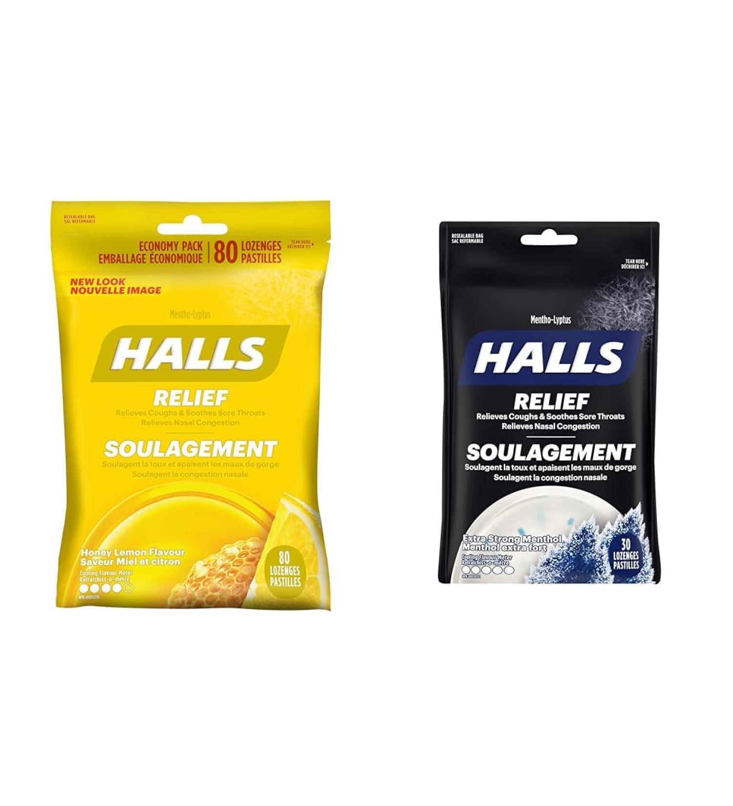 HALLS Triple Soothing Action Cough Drops Honey Lemon 1 Resealable Bag (80 Drops Total) & Mentho-Lyptus Extra Strong Bag 30 Lozenges Honey Lemon Drops+Extra Strong Bag - Buy Online on GoSupps.com