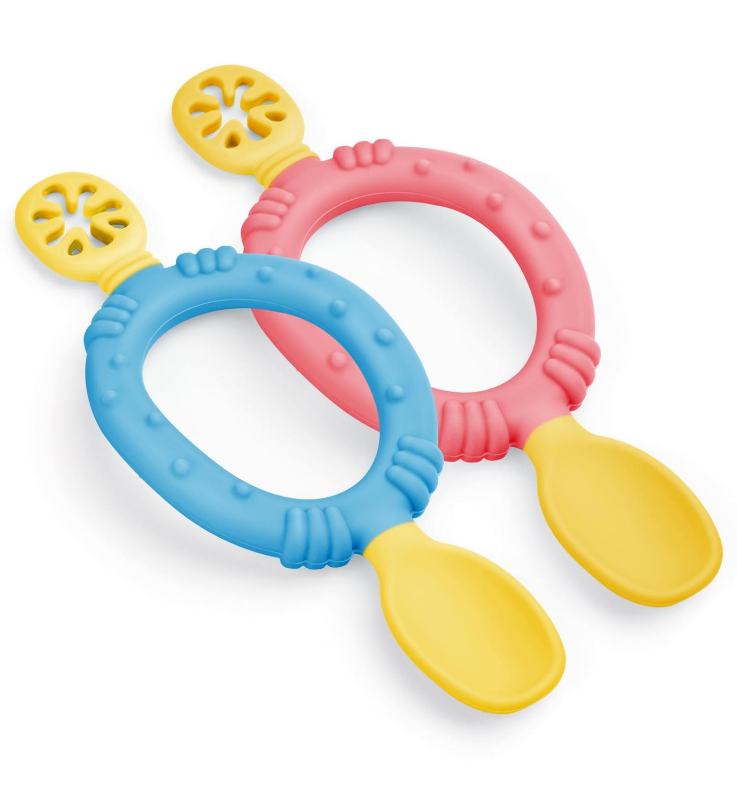 Vicloon Silicone Self Feeding Spoon and Fork Set for Babies - Pink & Blue Color Contrast | Baby Weaning Utensils for Infant & Toddler | BPA-Free, Easy Grip | 6 Months - Buy Online on GoSupps.com