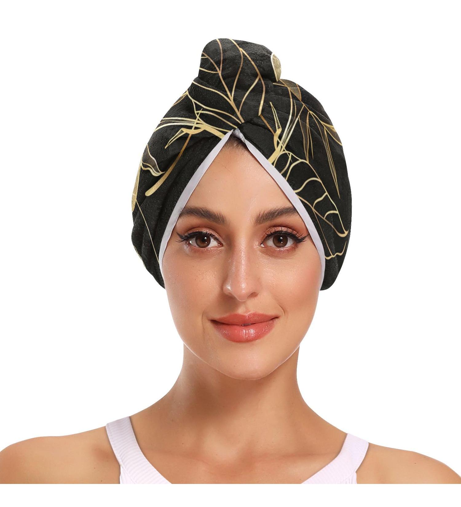 Elegant Flower Gold Line Art Hair Towel 2 Pack - Super Absorbent Quick Dry Hair Turbans for Women & Girls - Buy Online on GoSupps.com
