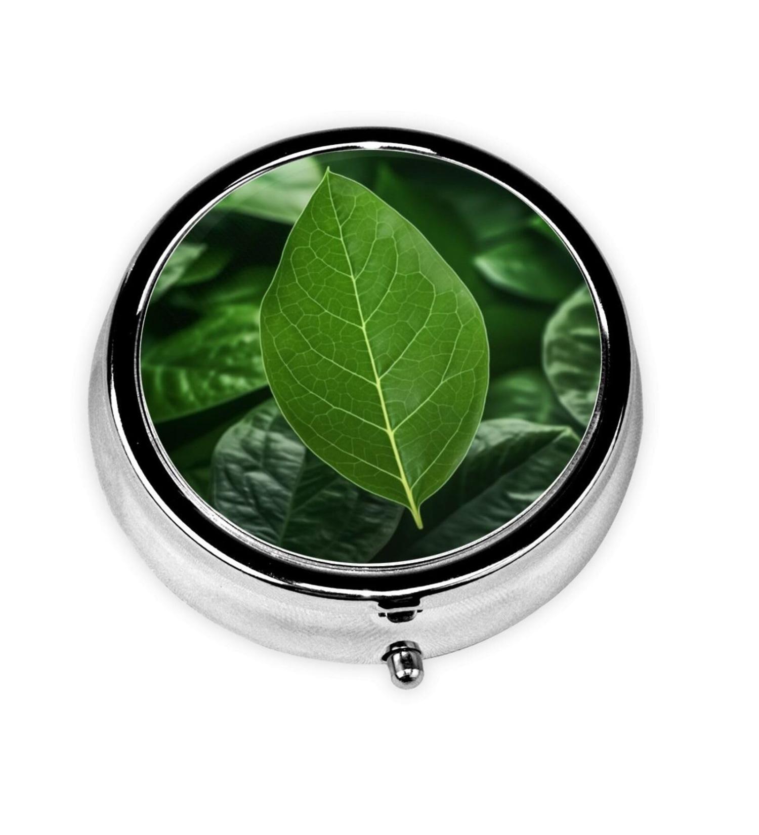 Green Leaf Nature Portable Metal Pill Box - Round Mini 3-Compartment Organizer for Small Pills | Travel-Friendly Design | Durable & Stylish Black - Buy Online on GoSupps.com