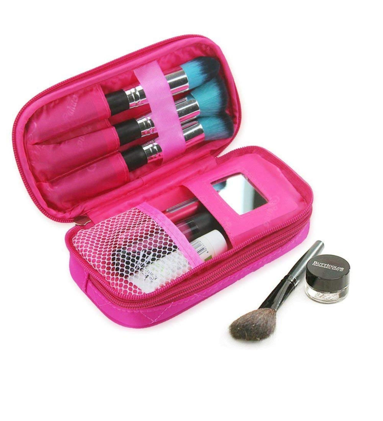 Premium Hot Pink Make-Up Bag for Women | 2 Layer Travel Kit Organizer with Mirror & Brush Pockets | Professional Cosmetic Case - Buy Online on GoSupps.com
