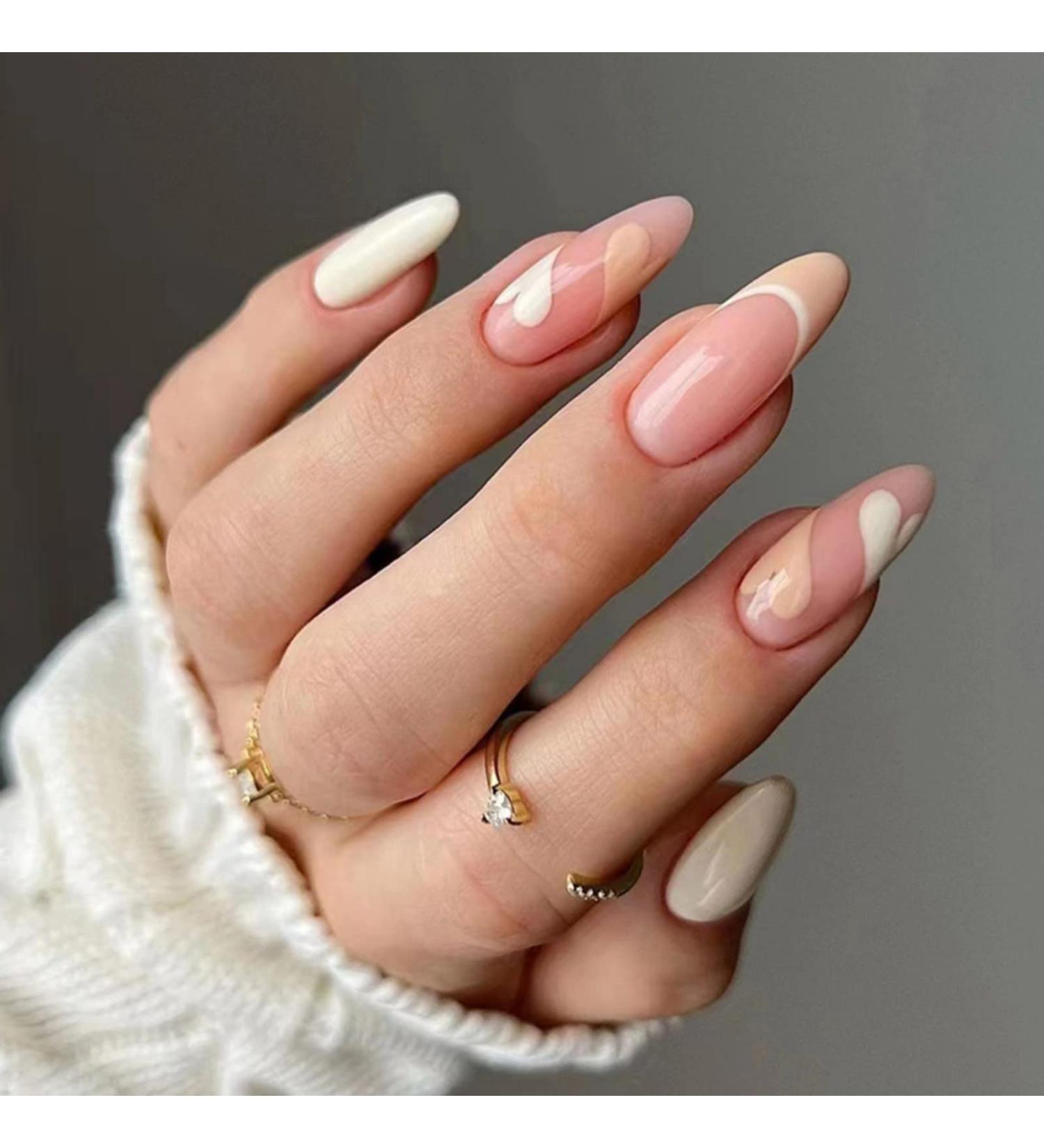 Justotry 24 Pcs Pale Orange Heart Stiletto False Nails with Nail Glue - Almond Medium Stick on Nails for Women - French Press on Nails Pattern - Fake Nails for Nail Art - Buy Online on GoSupps.com