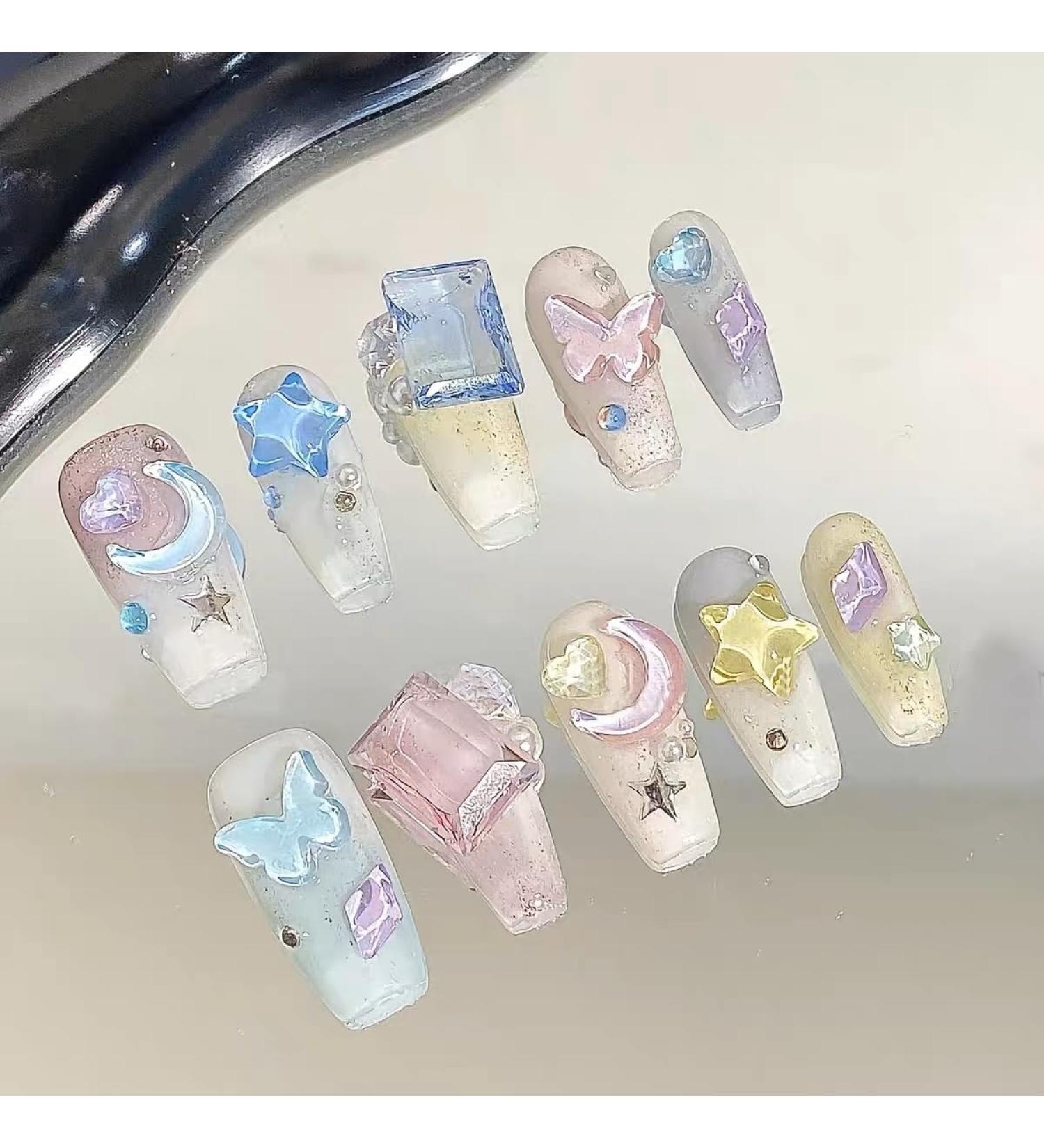 Long manicure patches handcrafted wearing nails cute moon and star fake nails(Xs)