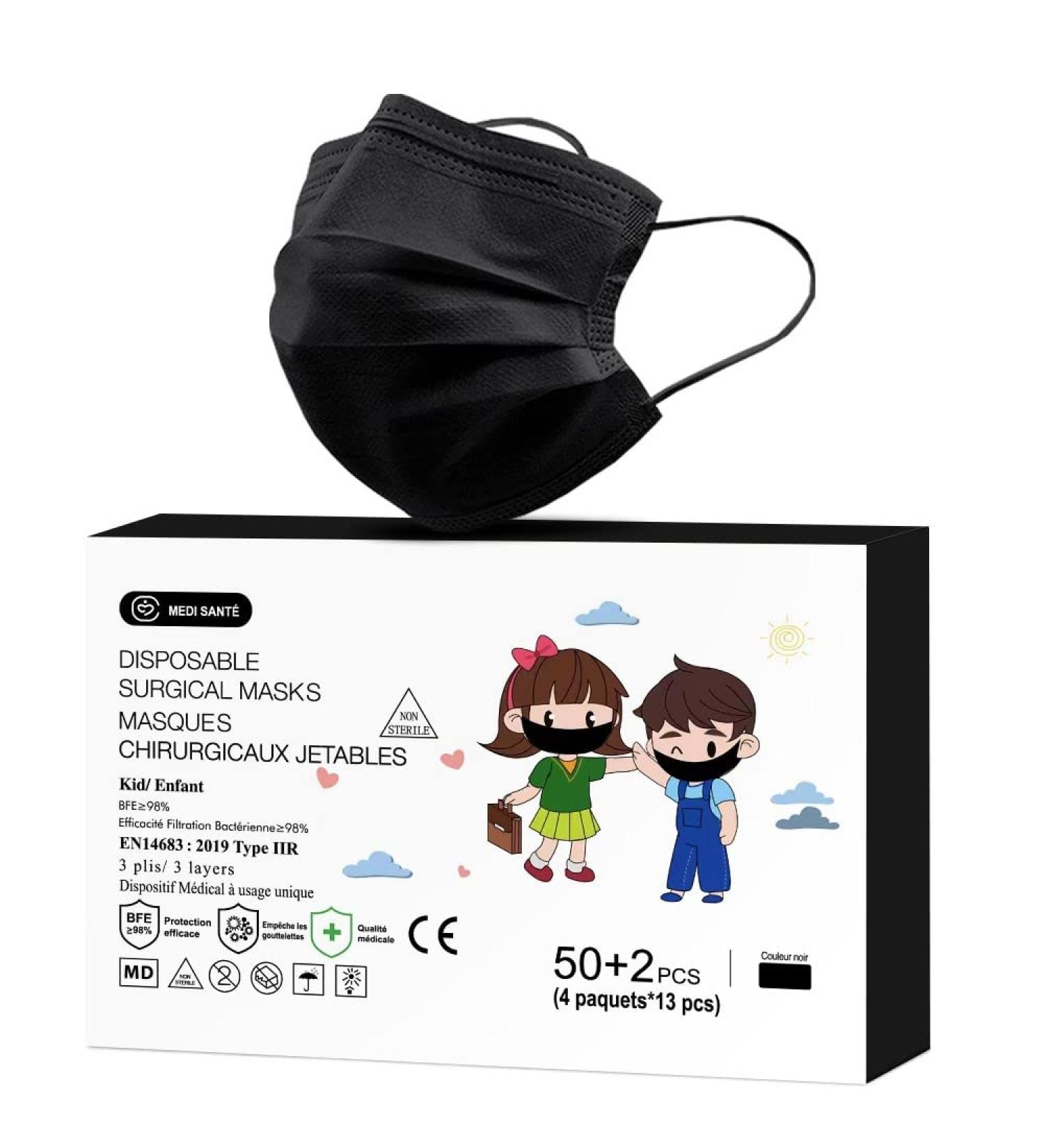 Medi Sant Surgical Disposable Masks for Children - CE Certified Type IIR 3-Layer Black Masks - Oral & Nose Protection (50+2 Units) - Buy Online on GoSupps.com