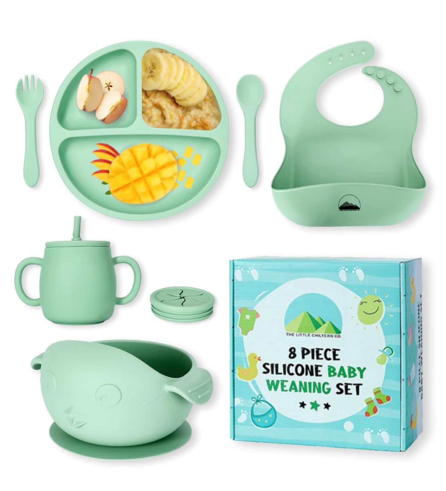Little Chiltern Co 8 Pcs Silicone Baby Weaning Set - Adjustable Bib Suction Bowl & Plate Cup Fork & Spoon - Green - Buy Online on GoSupps.com