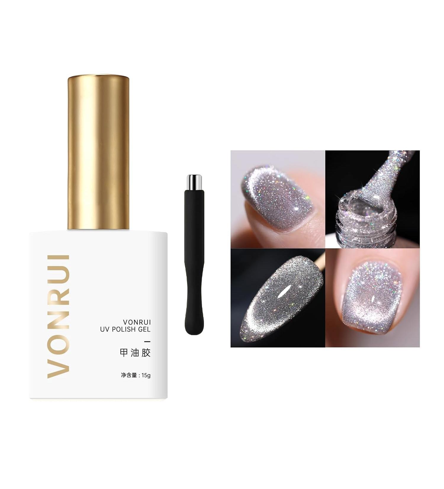 Buy Silver Laser Glitter Gel Nail Polish - Holographic Cat Eye & Reflective Soak Off Gel | International Shipping - Buy Online on GoSupps.com