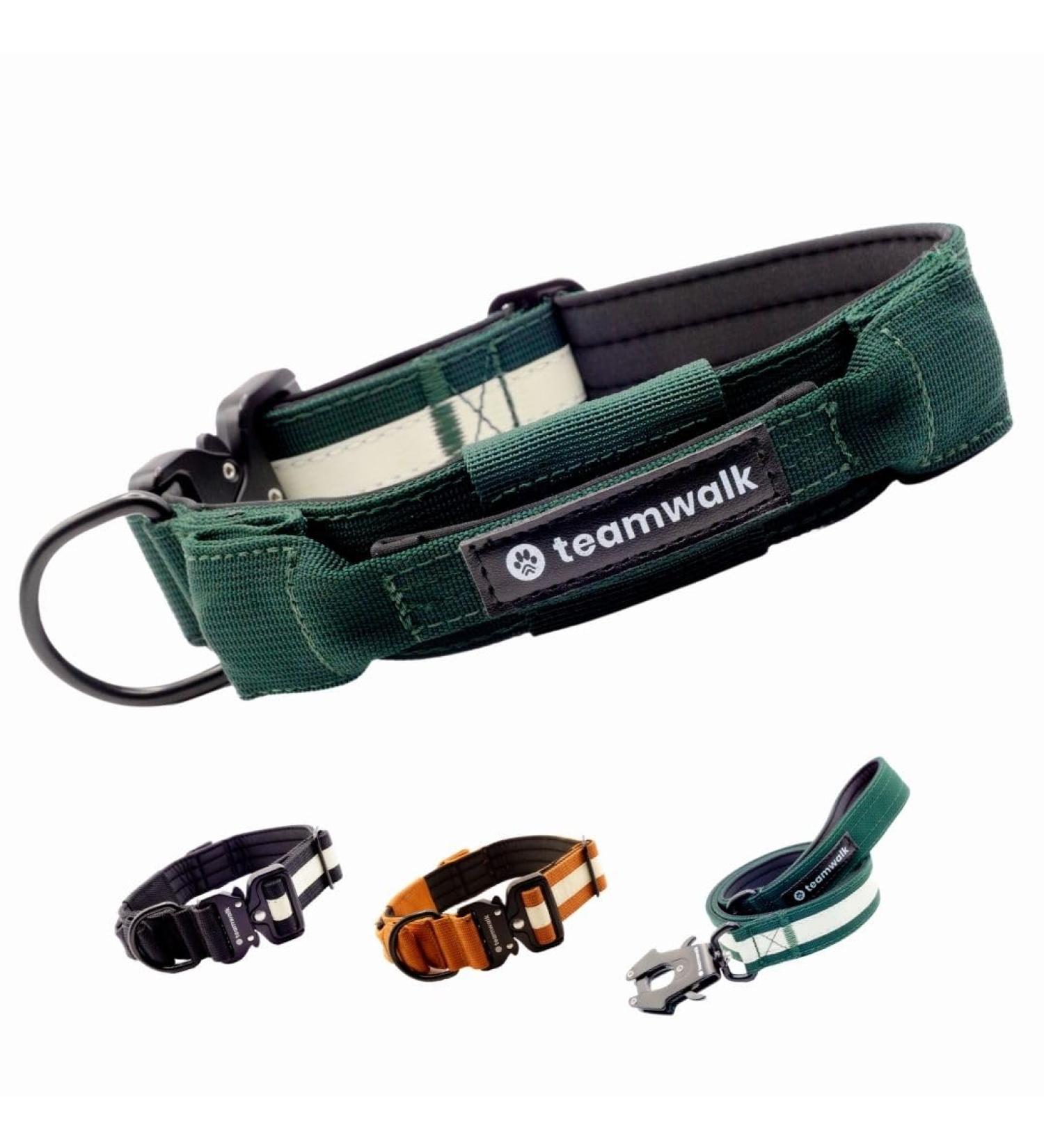 Teamwalk Premium Dog Collar - Adjustable Soft with Magnetic Handle & Light Strip | AirTag Bag Included | Robust Buckle | Forest Green | Size M (4cm) - Buy Online on GoSupps.com