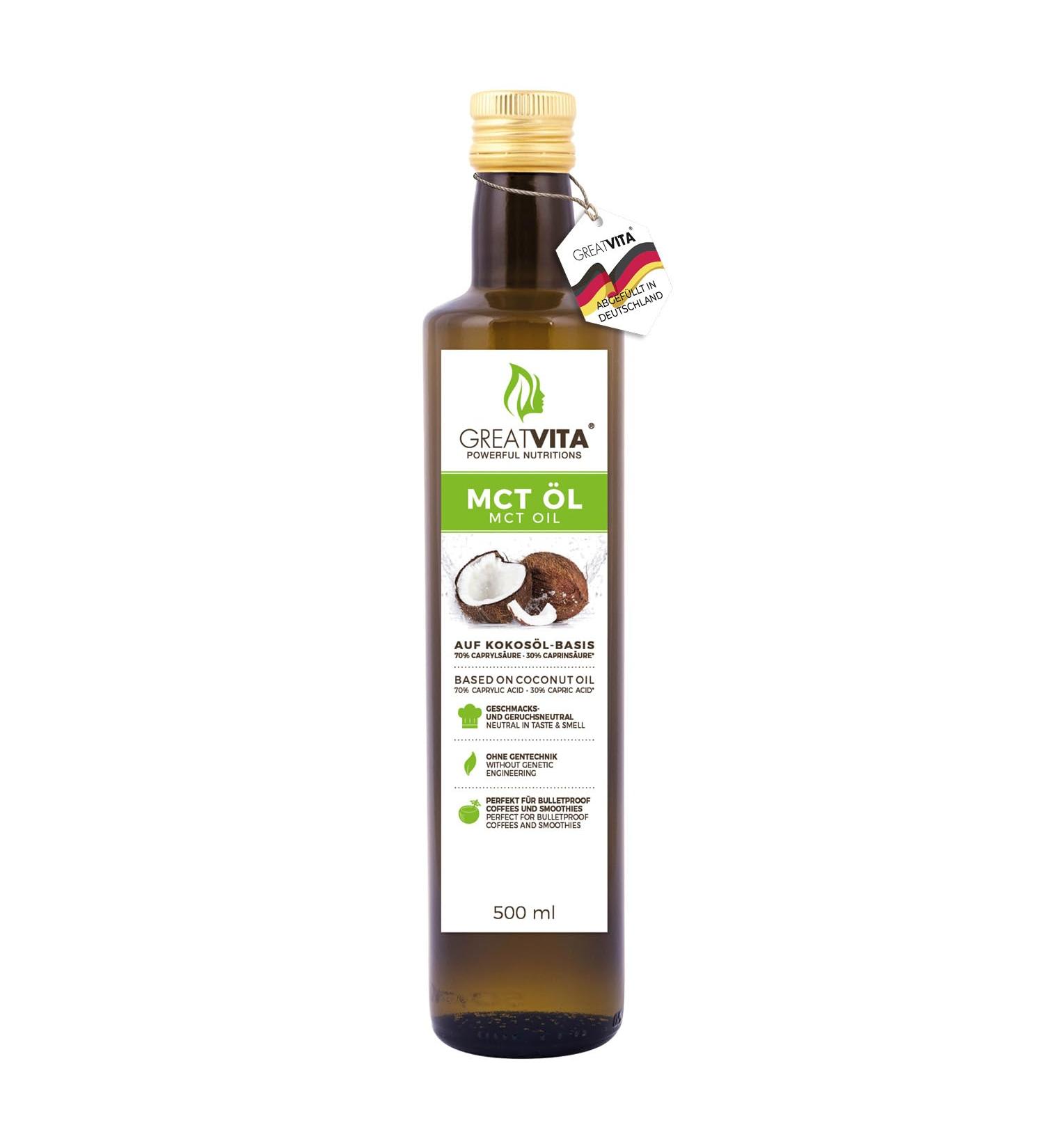 GreatVita 100% Pure MCT Oil - 500ml | Coconut Oil | 70% Caprylic Acid (C8) | Sugar-Free GVO-Free Flavor-Neutral | International Shipping Available - Buy Online on GoSupps.com