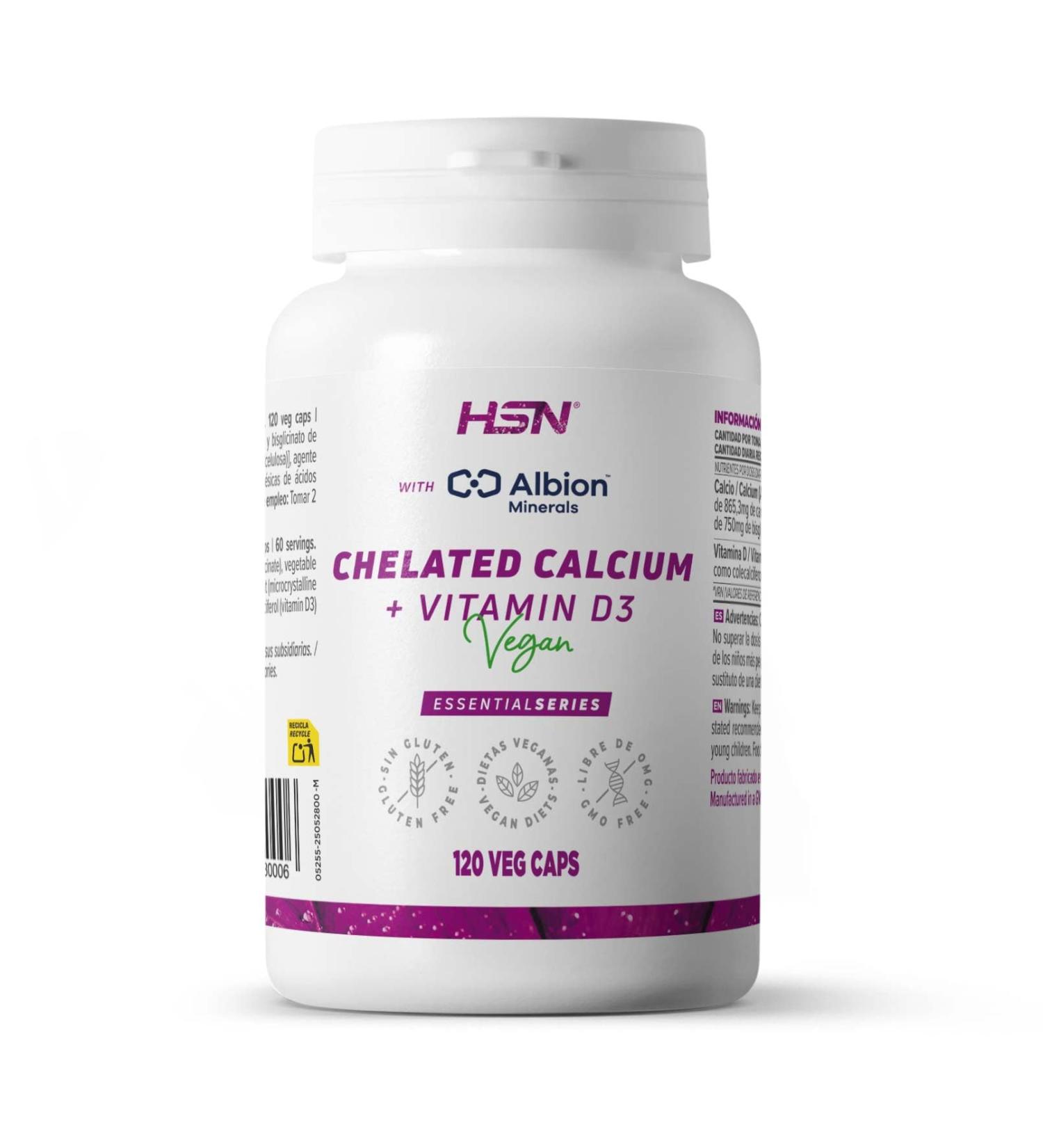  HSN HSN Calcium Chele Albion + Vegan Vitamin D3 | 120 Vegetable Capsules | 500 mg of Calcium and 2 000 IU of Vitamin D3 per Daily Dose | High Bioavailability | Non-GMO Vegan Free From - Buy Online on GoSupps.com