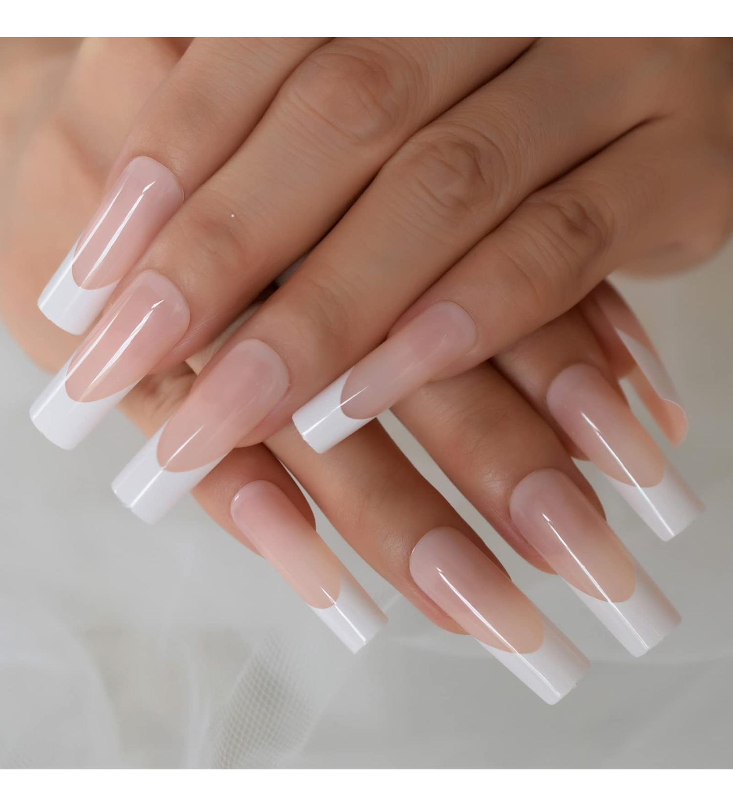 24pcs Long Square Nude White French Tip Press On False Nails for Women - Glossy Gel Full Cover Manicure - Buy Online on GoSupps.com