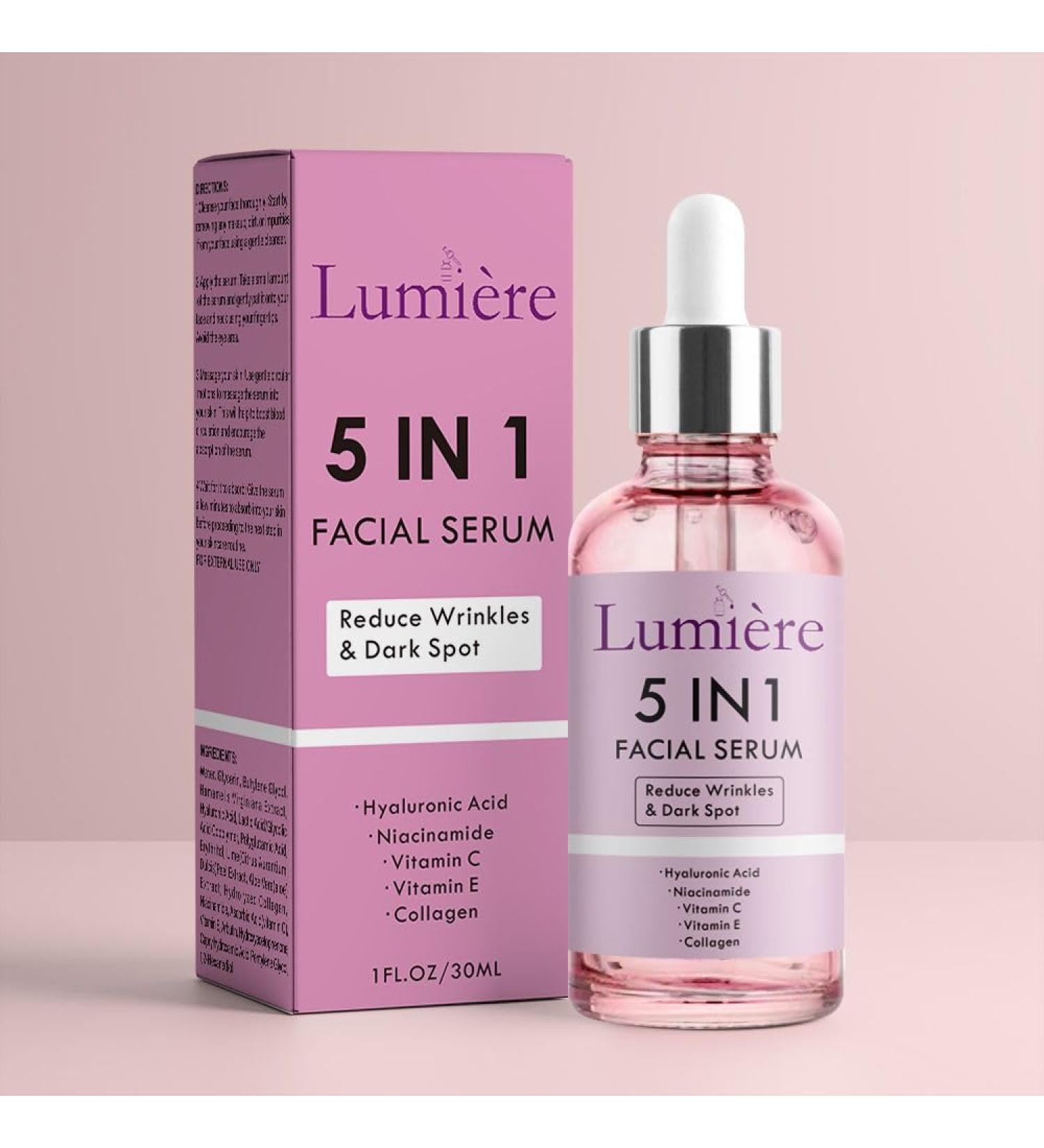 Lumiere 5-in-1 Facial Serum with Hyaluronic Acid Niacinamide Vitamin C E Collagen for Wrinkles Dark Spots 1 Fl Oz - Buy Online on GoSupps.com