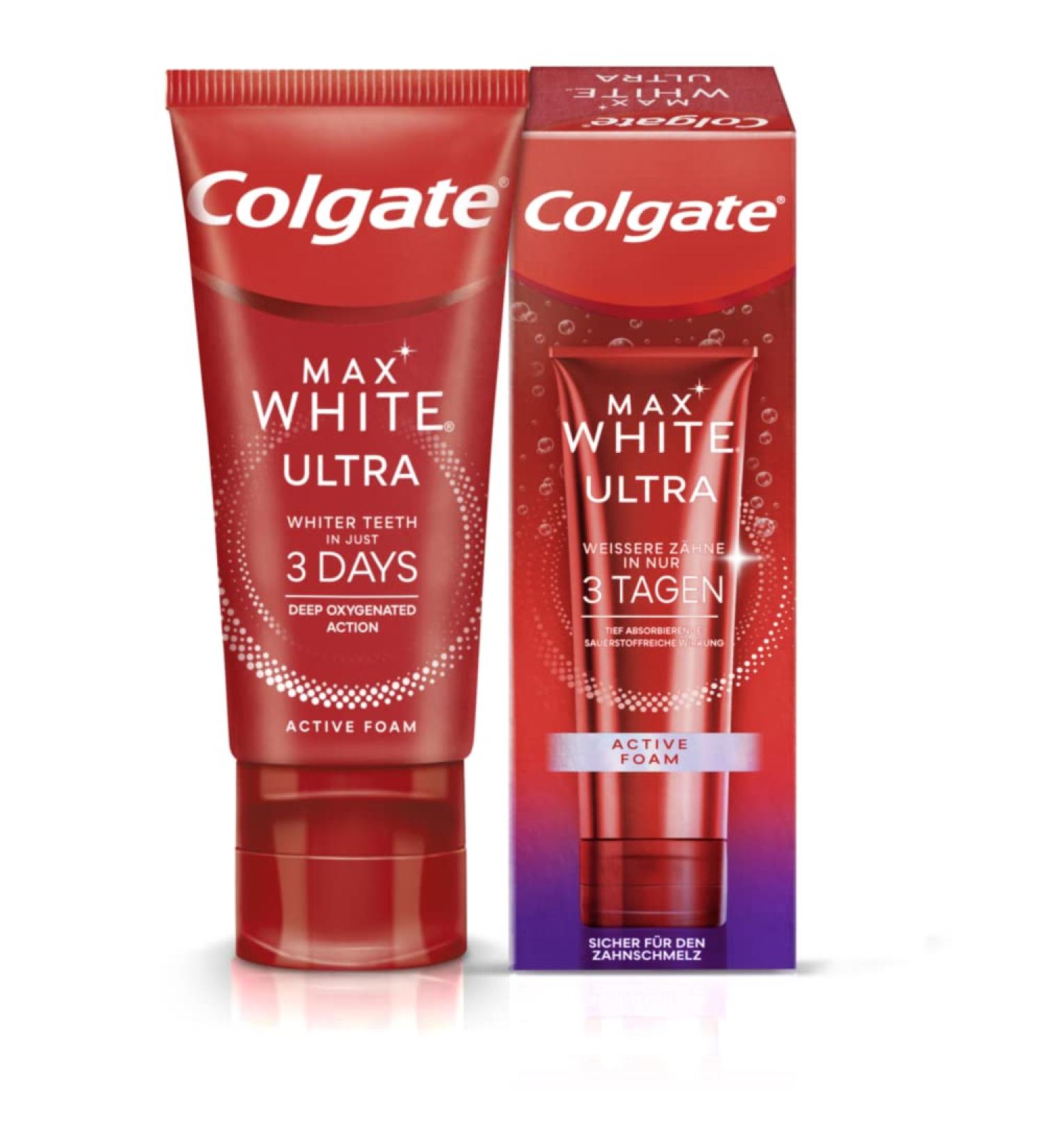 Colgate Max White Ultra Active Foam Toothpaste 50 ml Whiter teeth in 3 days - Buy Online on GoSupps.com