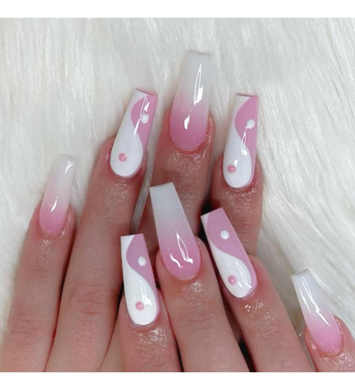 Runrayay Pink & White Press on Nails - 24Pcs Coffin Fake Nails for Nail Art & Manicure | Women's Acrylic Nail Decorations - Buy Online on GoSupps.com
