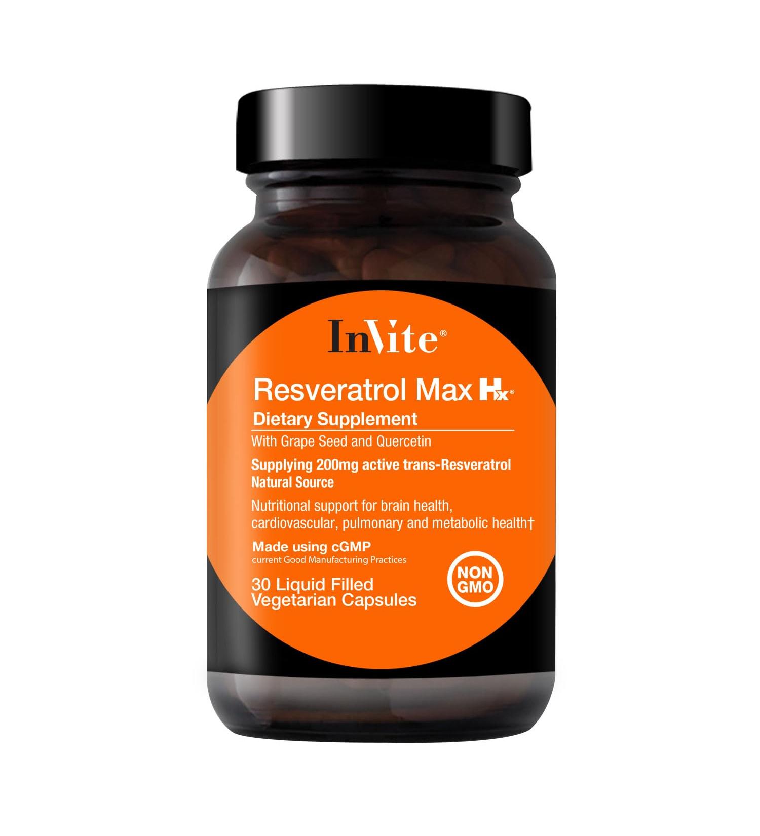 Invite Health Resveratrol Max Hx - Supports Brain Health as Well as Cardiovascular Pulmonary and Metabolic Health - 200 mg of Naturally-Sourced Active Trans-Resveratrol - 30 Vegetarian Capsules 1