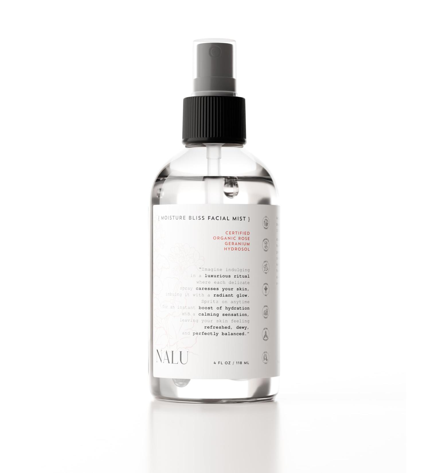 NALU Organic Moisture Bliss Facial Mist. Purest Rose Geranium Hydrosol. Burst of Hydration. Soothes Refreshes & Balances Your Complexion. All Skin Type 4 Fl Oz.