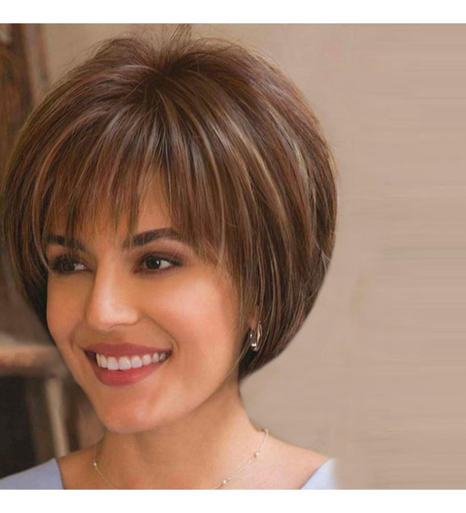Short Brown and Blonde Mixed Wig for Women | Synthetic Pixie Cut with Bangs - Buy Online on GoSupps.com