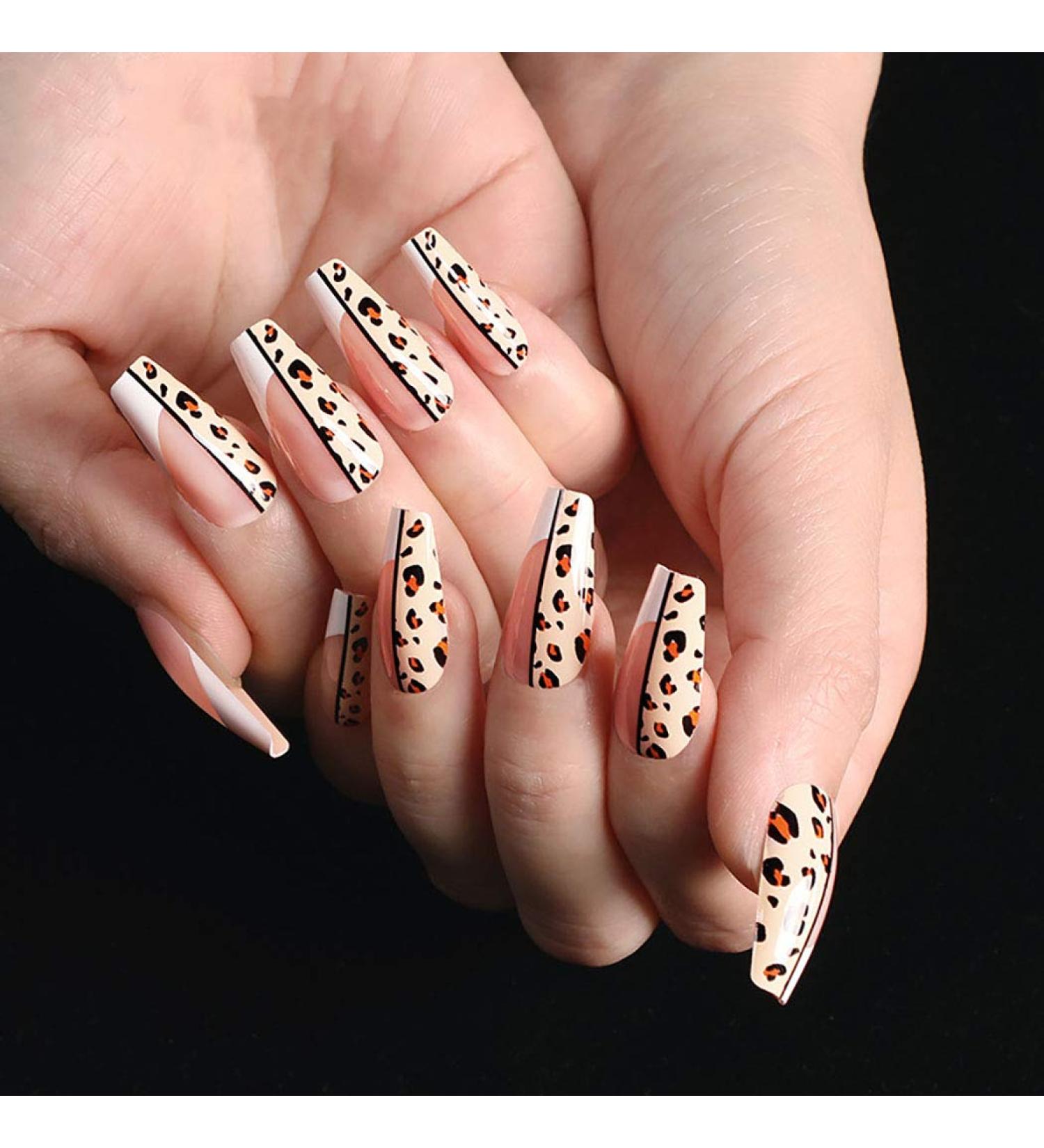 Sethexy Long Leopard Ballerina Nails - 24 Shiny Acrylic French Nude Pink Coffin False Fingernails for Women & Girls - Buy Online on GoSupps.com