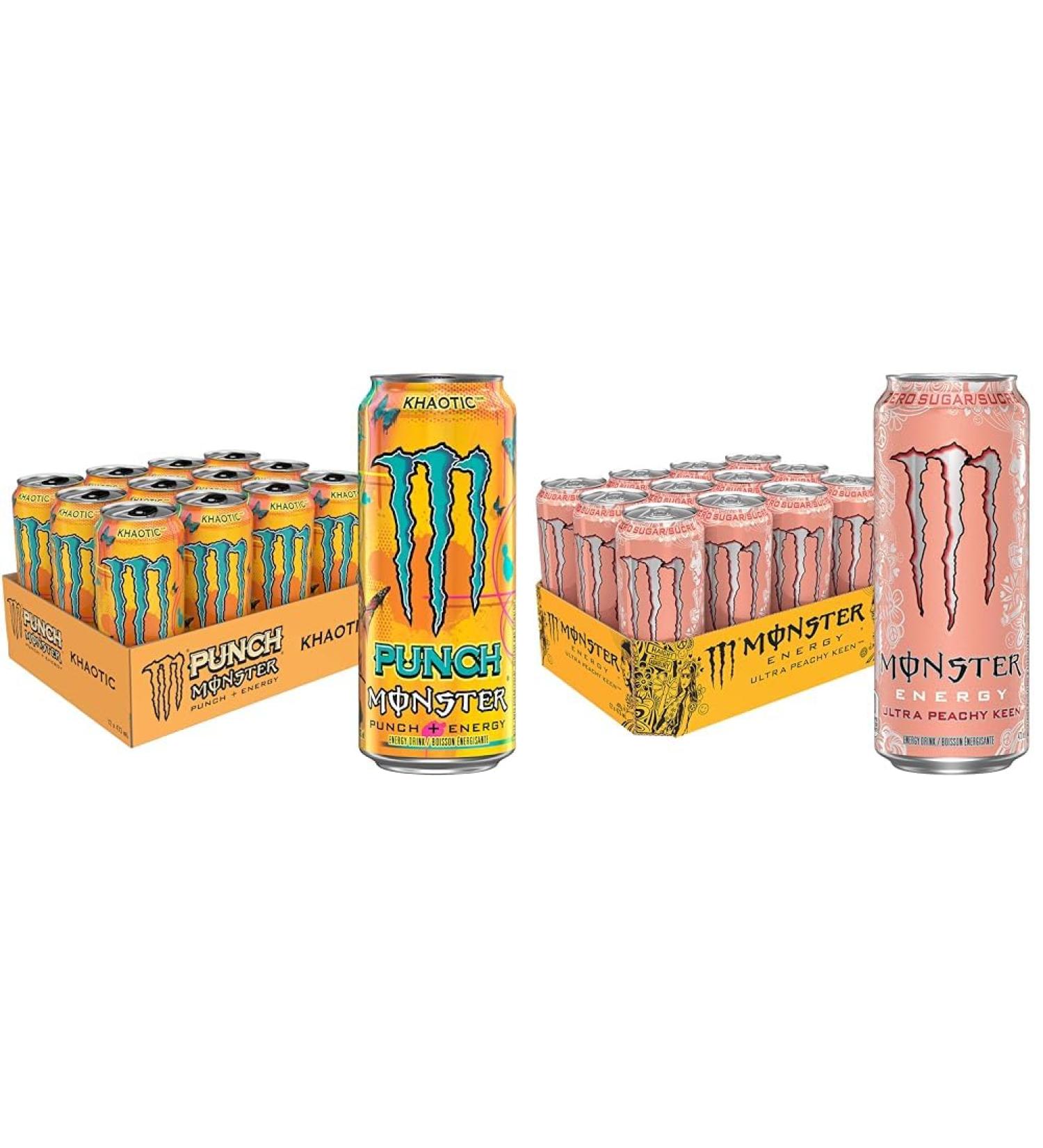 Monster Energy Punch Khaotic 473mL Cans Pack of 12 & Ultra Peachy Keen 473mL Cans Pack of 12 - Buy Online on GoSupps.com