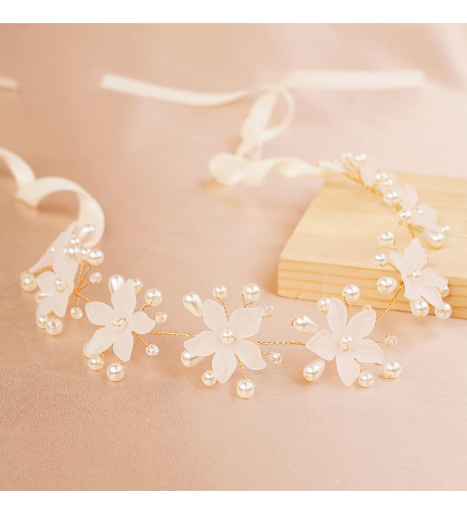 BERYUAN White Flower Pearls Crystal Wedding Hair Vine Pearls Crystal Beads Bridal Headpiece Princess Wedding Headband Gold Wedding Hair Accessories for Brides Bridesmaid - Buy Online on GoSupps.com