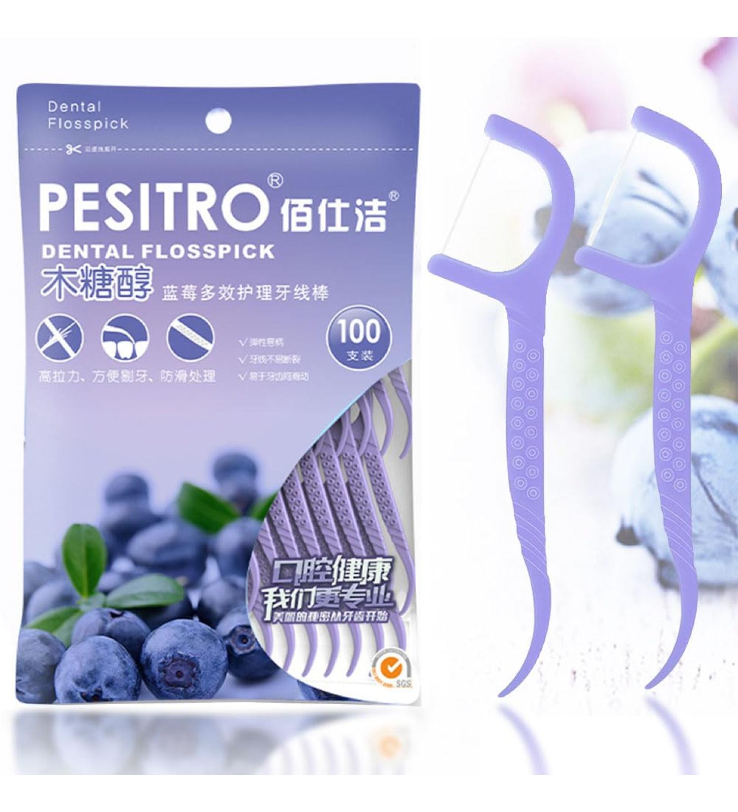 100 Pcs Portable Dental Floss Picks | Disposable Interdental Sticks for Effective Tooth Cleaning | Blueberry Flavor - Ideal for Travel, Home, Office & Restaurant - Buy Online on GoSupps.com