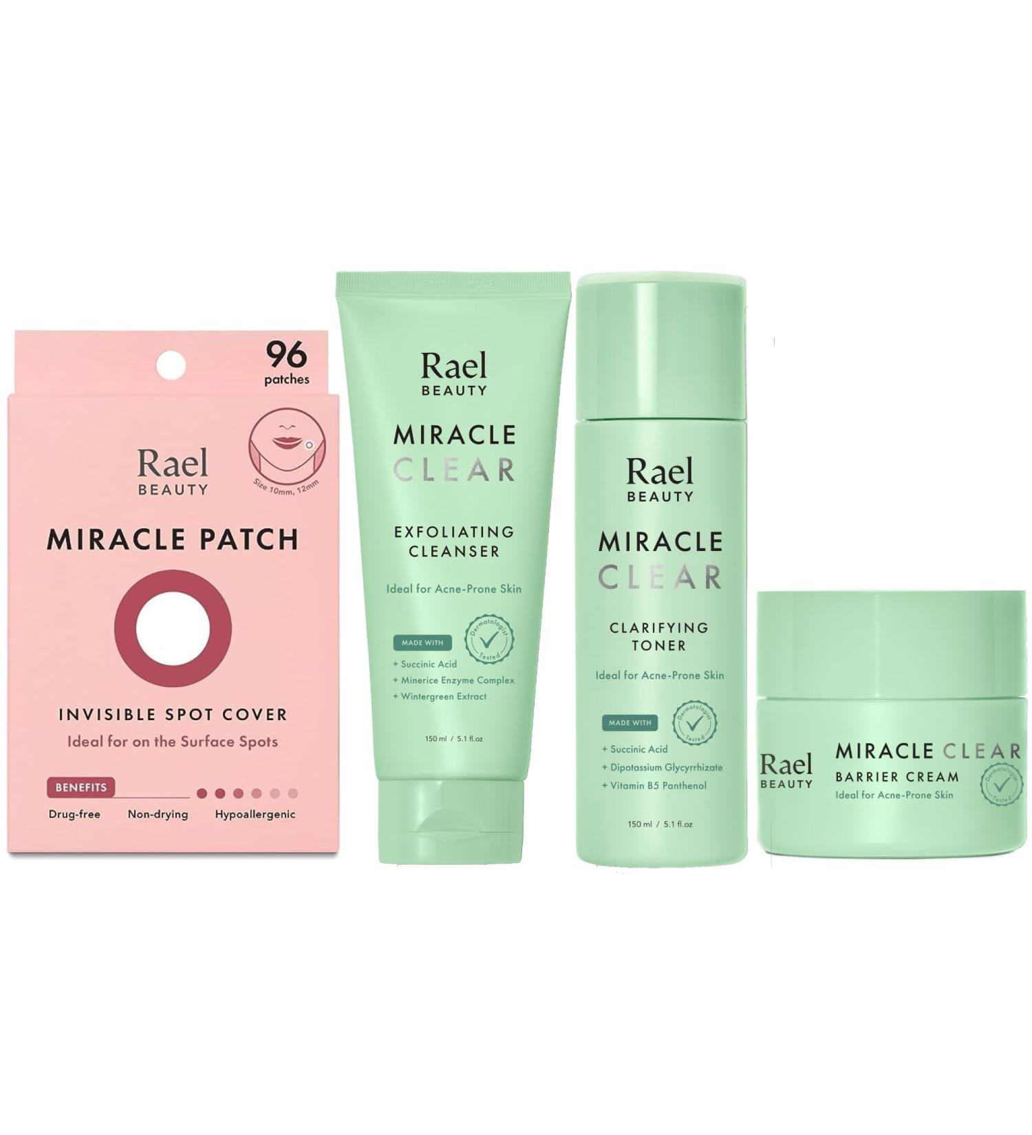 Rael Miracle Bundle - Invisible Spot Cover (96 Count) Exfoliating Cleanser (5.1 oz) Clarifying Toner (5.1 oz) Barrier Cream (1.8 fl. oz) - Buy Online on GoSupps.com