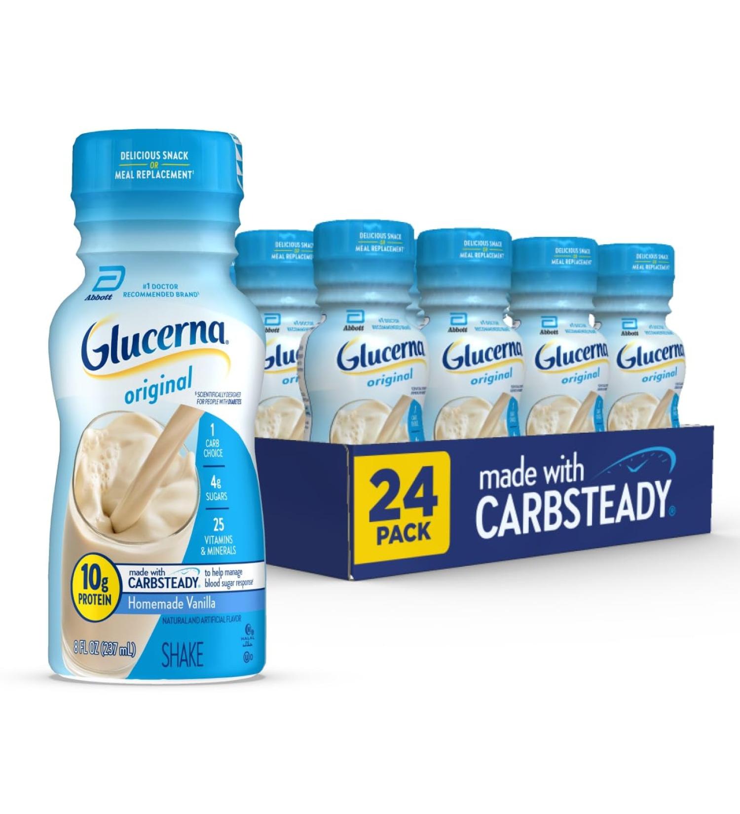 Glucerna Original Diabetes Care Shake Homemade Vanilla Diabetic Meal Replacement to Support Blood Sugar Management 10g Protein 180 Calories Ready to Drink 8-fl-oz Bottle 24 Pack - Buy Online on GoSupps.com