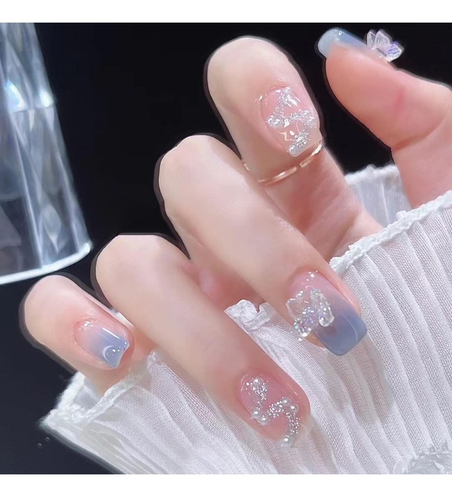 Nude Blue Butterfly Press on Nails with White Pearl Rhinestones - Glossy Full Cover Stick on False Nails for Women - Buy Online on GoSupps.com