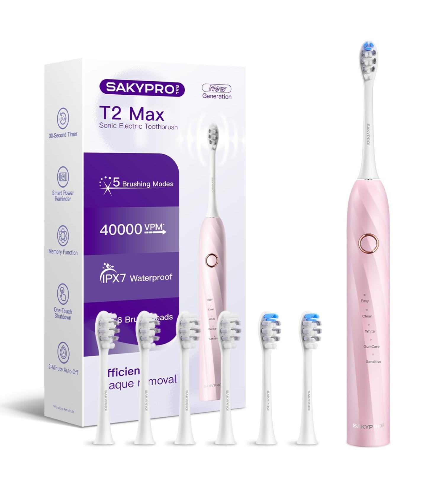 Sonic Electric Toothbrush for Adults & Kids - 70 Days Rechargeable 6 Brush Heads IPX7 Waterproof - T2 Max Pink Smart Toothbrush - Buy Online on GoSupps.com
