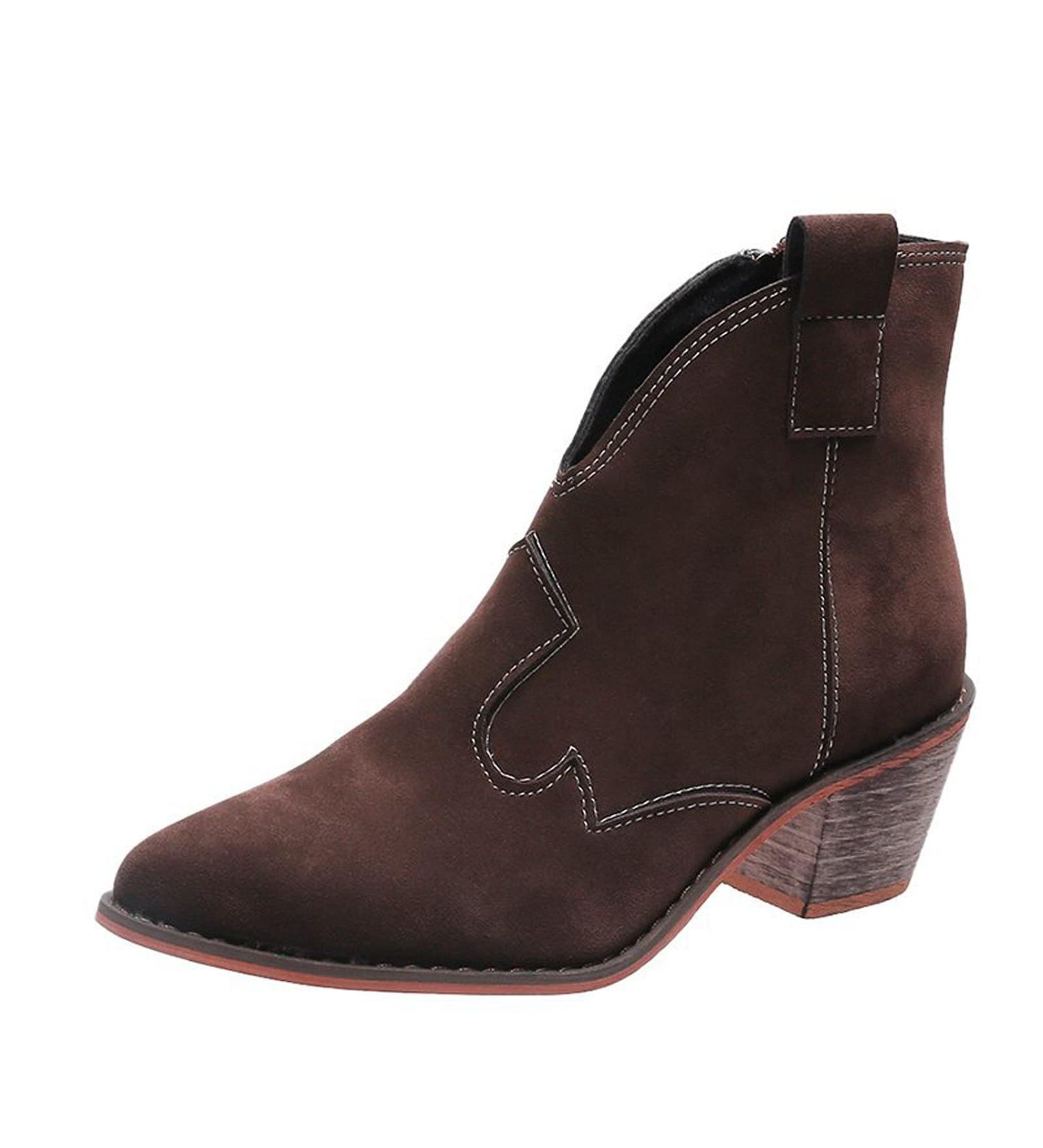 EKOUSN Women's Fashion Thick High Heel Ankle Boots - Round Toe Suede Fleece - Vintage Embroidered Platform Boots (Brown, Size 9) - Buy Online on GoSupps.com