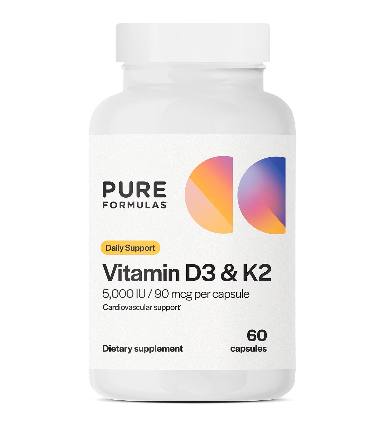 PureFormulas Vitamin D3 K2 Supplement, 5000 Iu Vitamin D3 and 90 mcg Vitamin K2, Supports Bone Strength, Calcium Balance, Heart Health, Gluten-Free & Non-GMO, 60 Capsules for Optimal Wellness - Buy Online on GoSupps.com